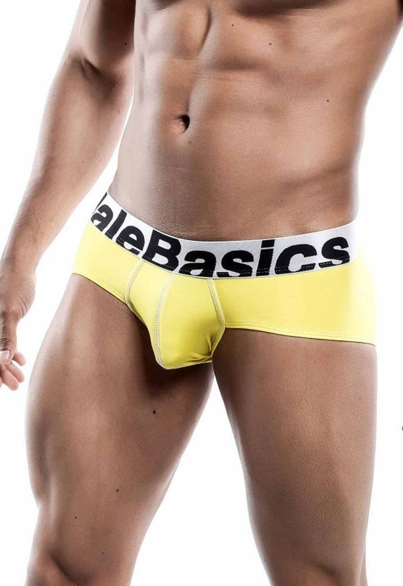 Bright yellow malebasics men’s sports performance hip briefs with white elastic waistband and black branding