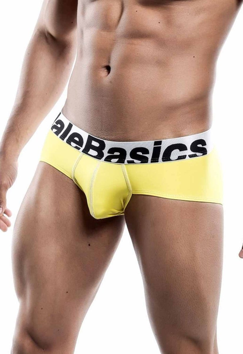 Bright yellow malebasics men’s sports performance hip brief with white waistband and black logo text