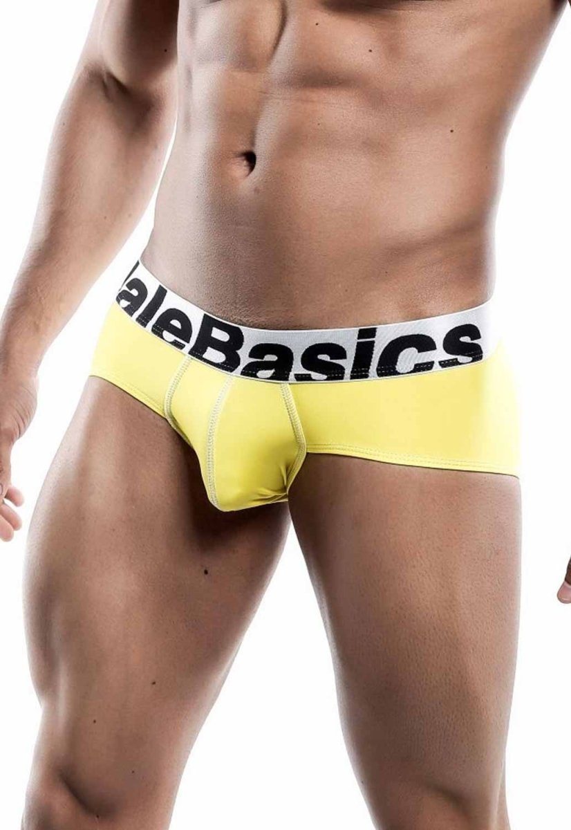 Bright yellow malebasics men’s sports performance hip briefs with white waistband and black alebasics logo