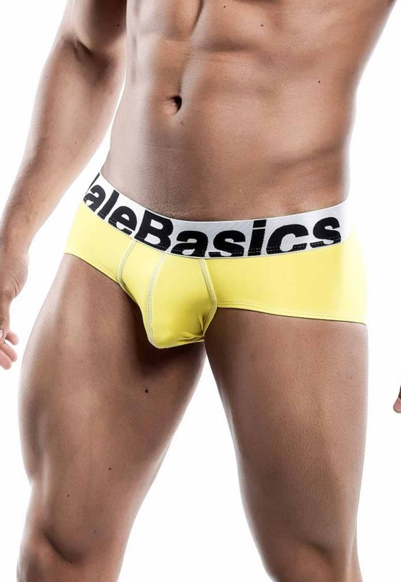 Malebasics men’s sports performance hip brief in bright yellow with white elastic waistband and bold alebasics logo