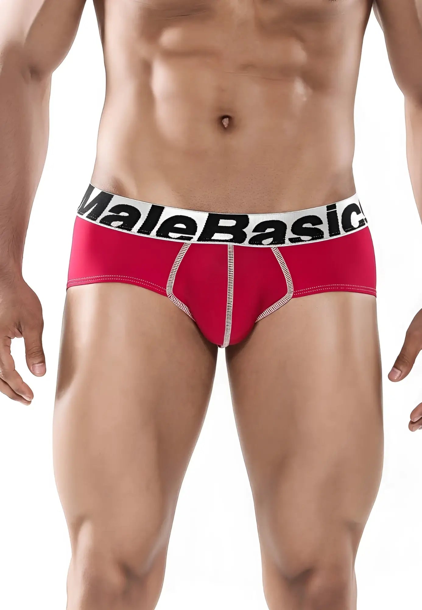 Malebasics men’s sports performance red hip brief with white waistband black lettering and subtle white stitching