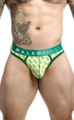 Green and yellow patterned malebasics mens thong with pouch and branded waistband for sexy underwear look