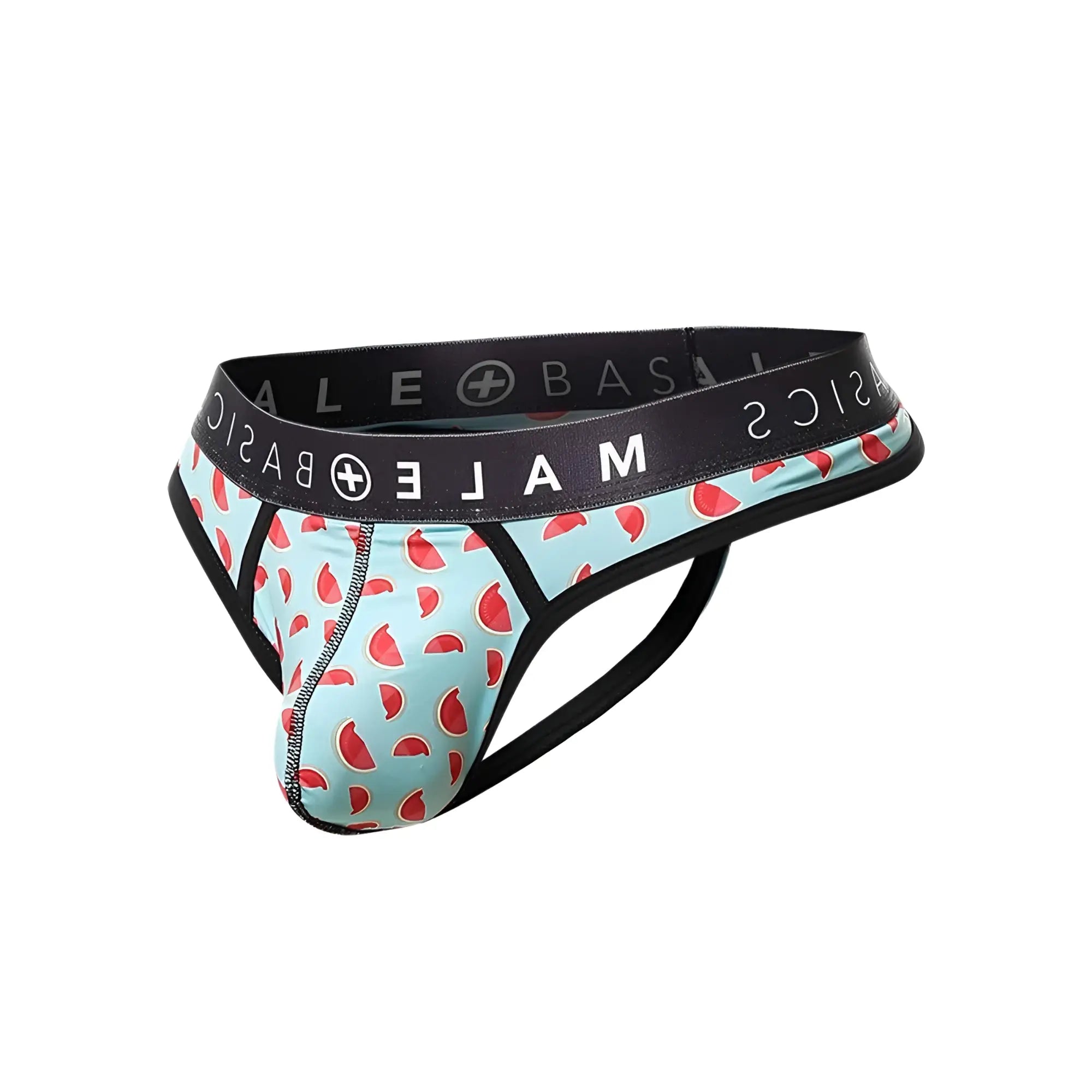 Malebasics mens thong sexy pouch light blue watermelon slice patterned briefs with black elastic waistband and straps