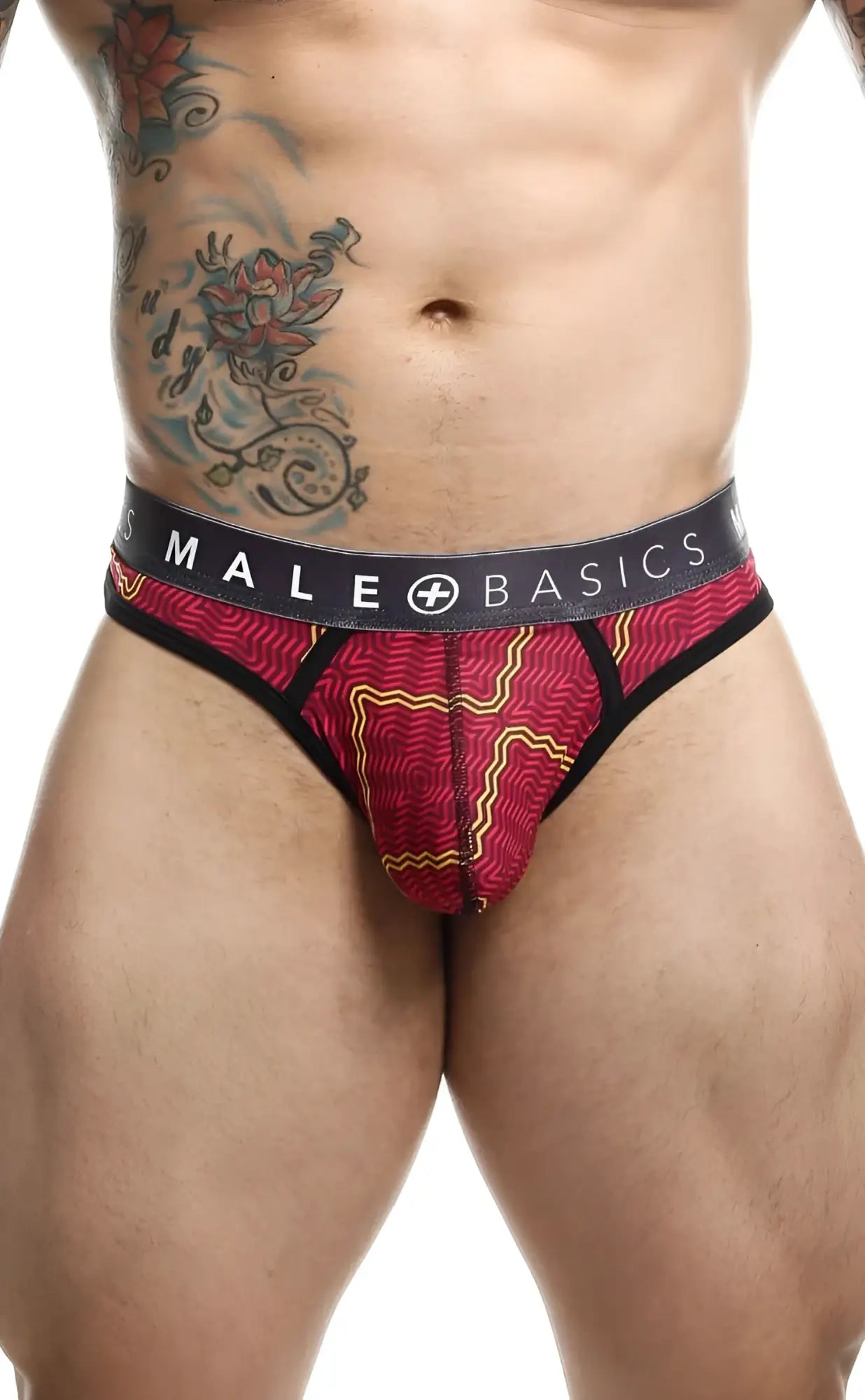 Malebasics mens thong sexy pouch in red and black patterned fabric with comfortable pouch and waistband