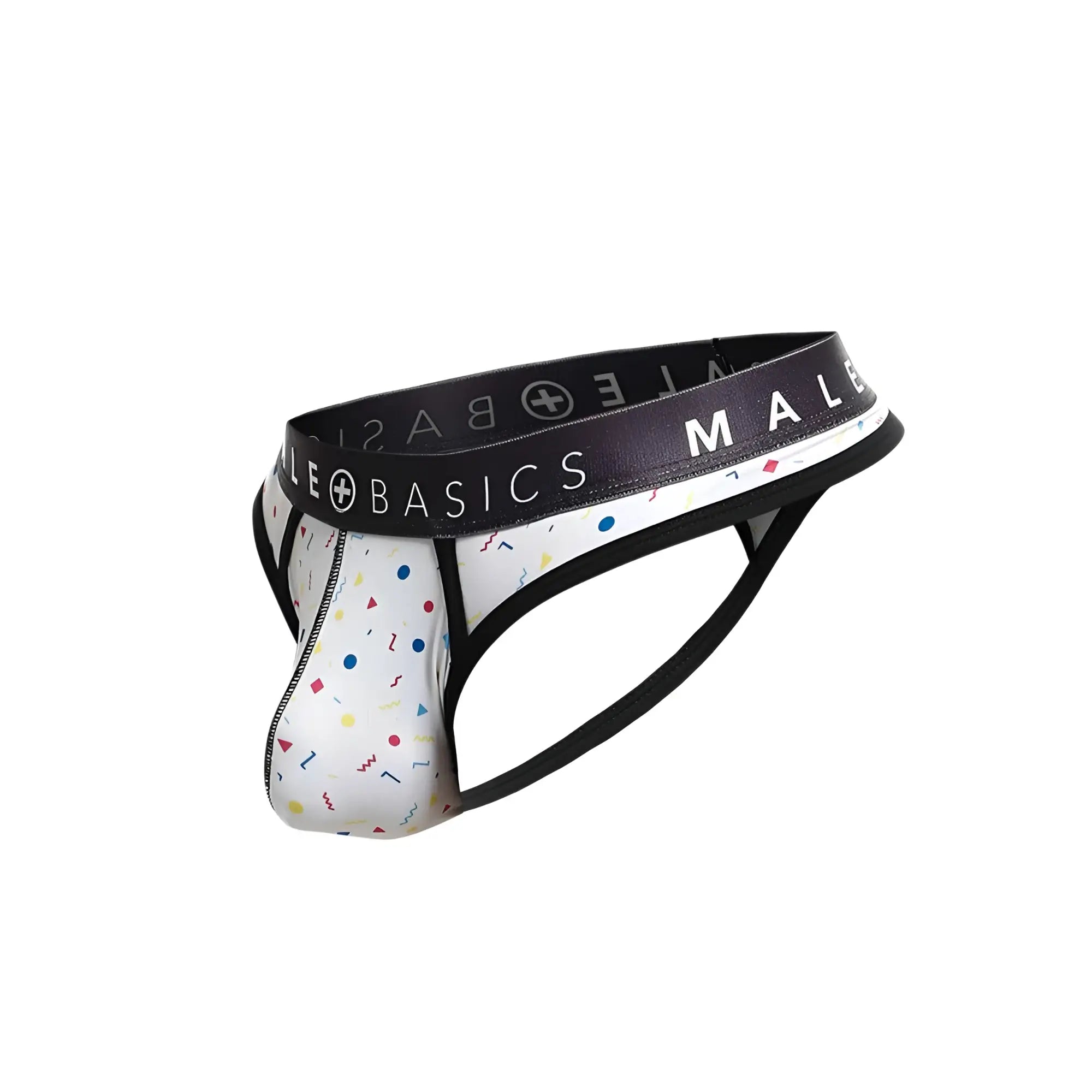 Male basics white mens briefs with playful multicolored confetti pattern and black branded elastic waistband