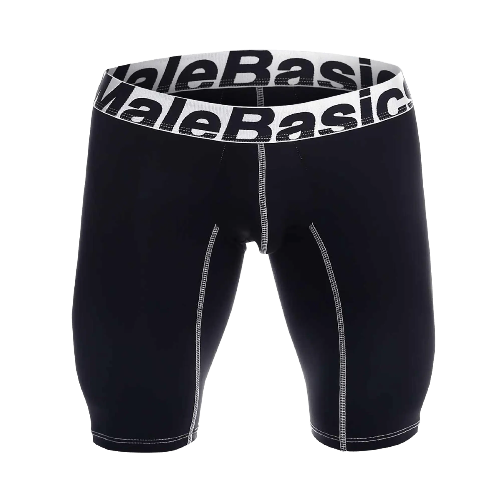 MaleBasics microfiber athletic boxer compression shorts in black with white elastic waistband and contrasting stitching