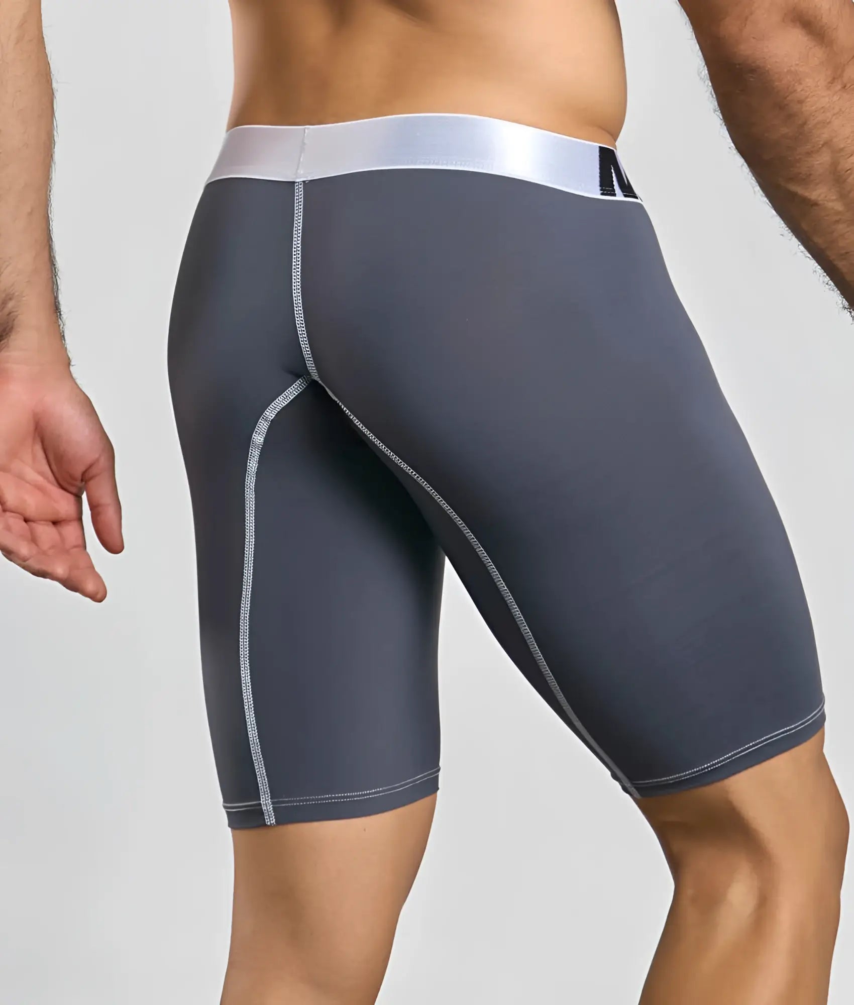 Malebasics microfiber athletic boxer in dark gray with silver waistband and matching stitching for performance use