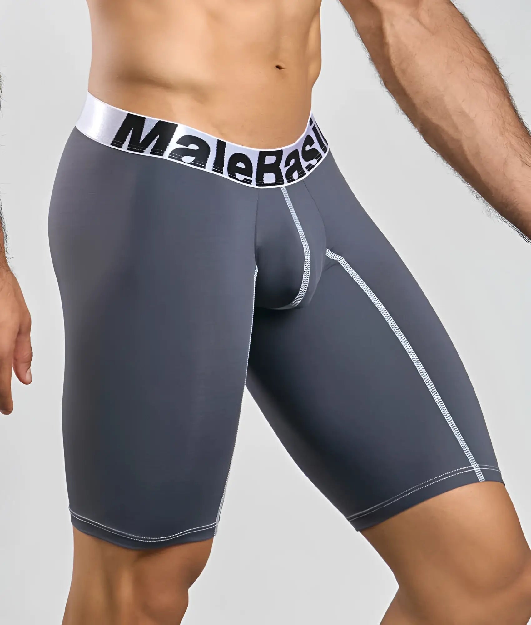 Gray malebasic microfiber athletic boxer briefs with white elastic waistband black lettering and silver seam stitching