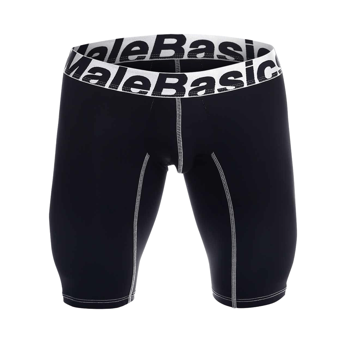 Black malebasics microfiber athletic boxer compression shorts with white elastic waistband and contrasting stitching