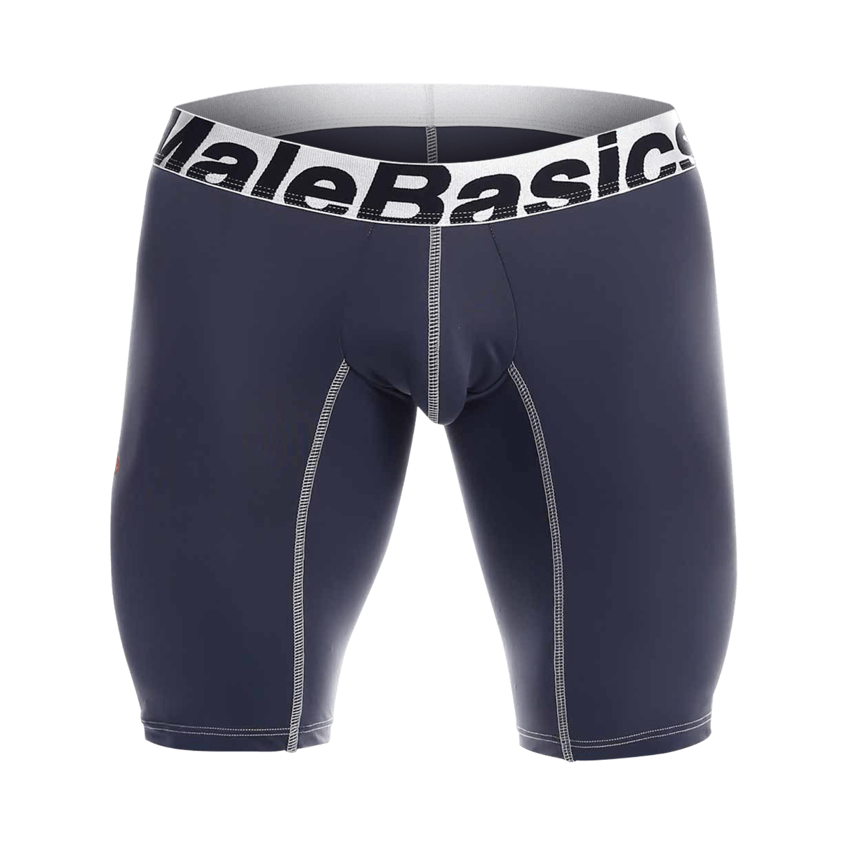 MaleBasics microfiber athletic boxer briefs in navy blue with white elastic waistband and contrasting stitching