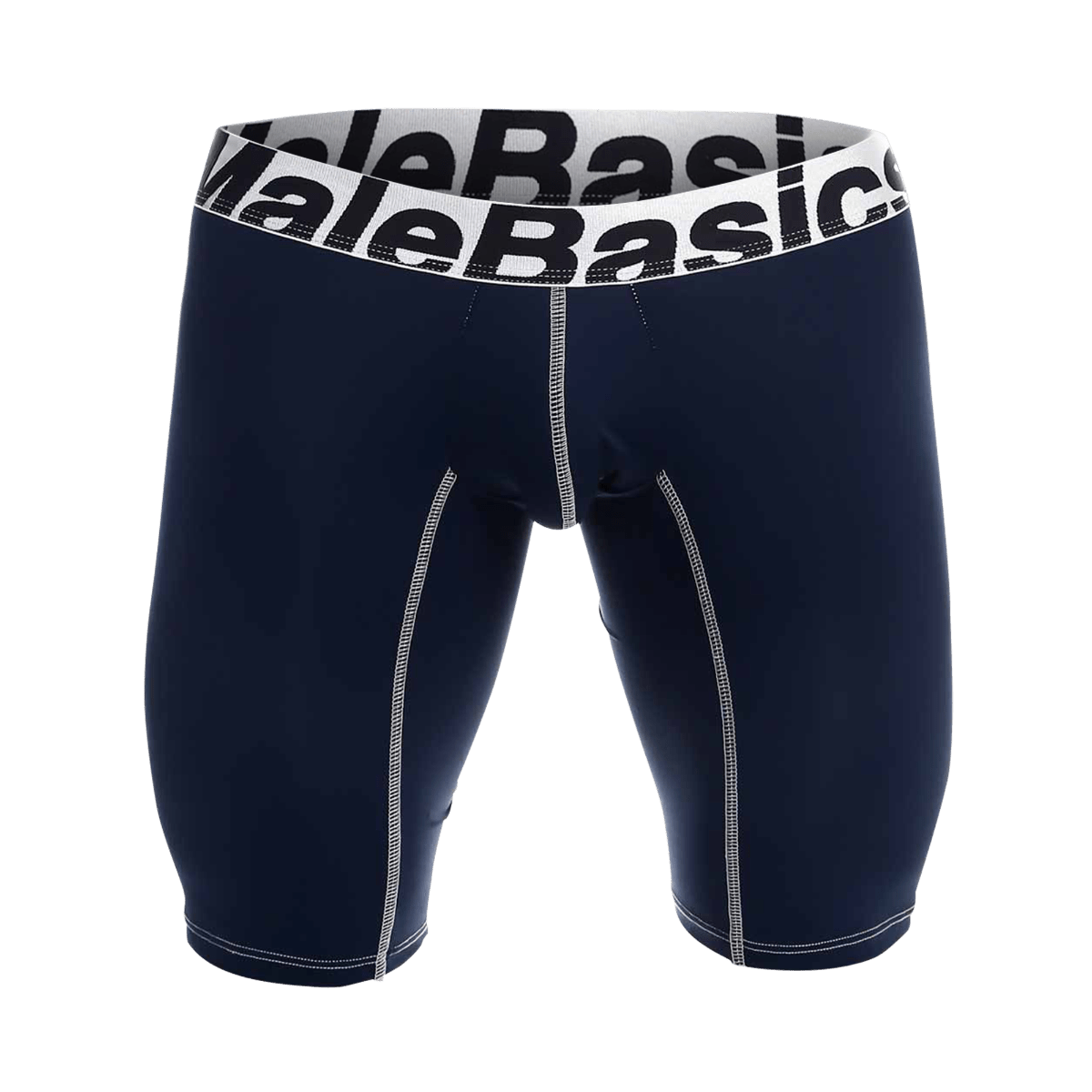 Navy blue MaleBasics microfiber athletic boxer briefs with white elastic waistband and contrasting stitching