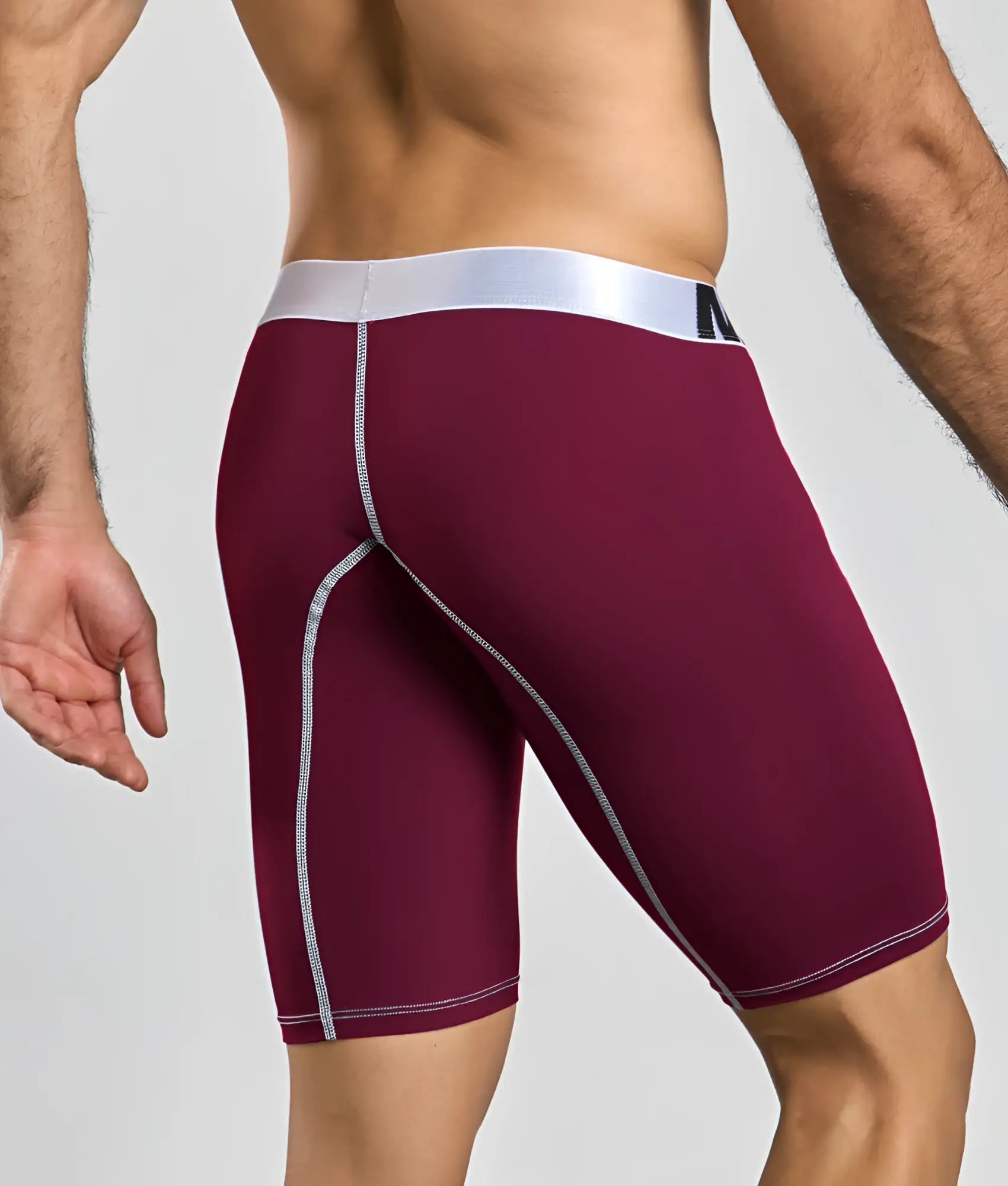 Maroon microfiber malebasics micro athletic boxer with silver waistband and matching stitching for active wear