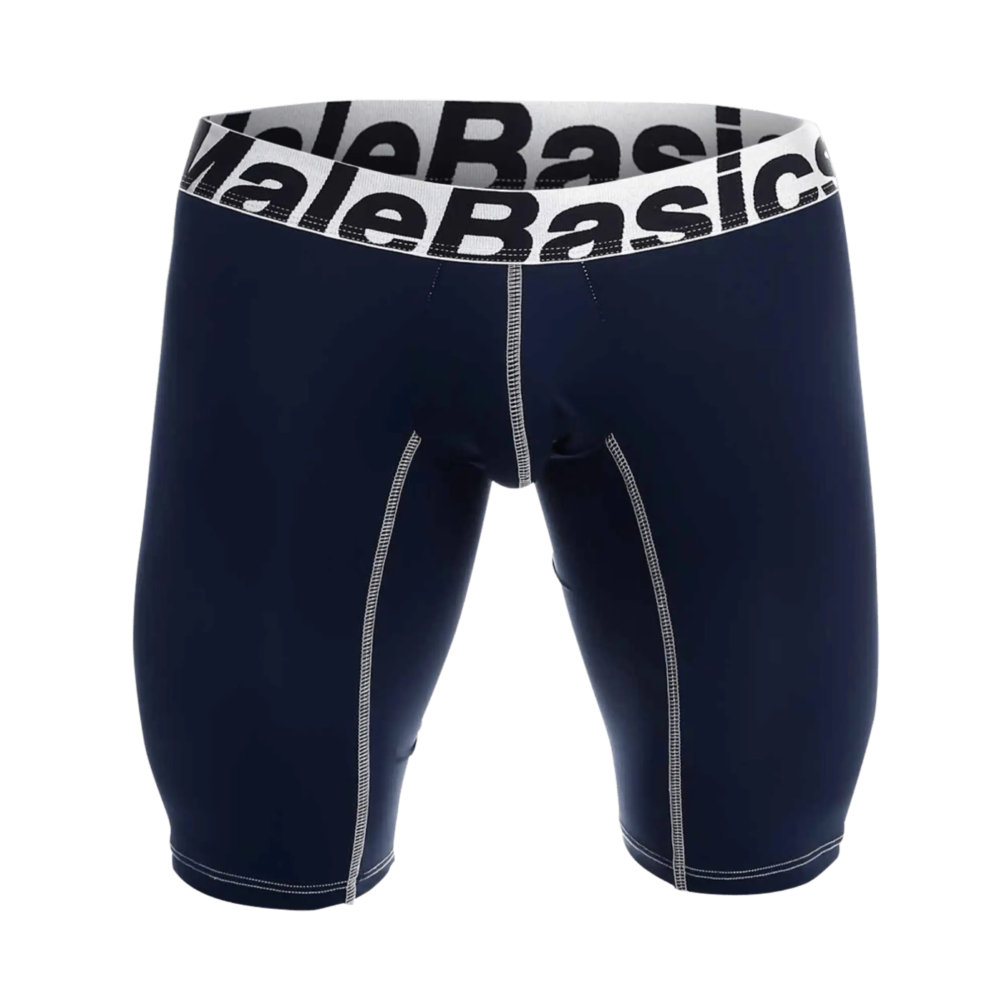 Navy blue MaleBasics microfiber athletic boxer briefs with white elastic waistband and contrasting stitching