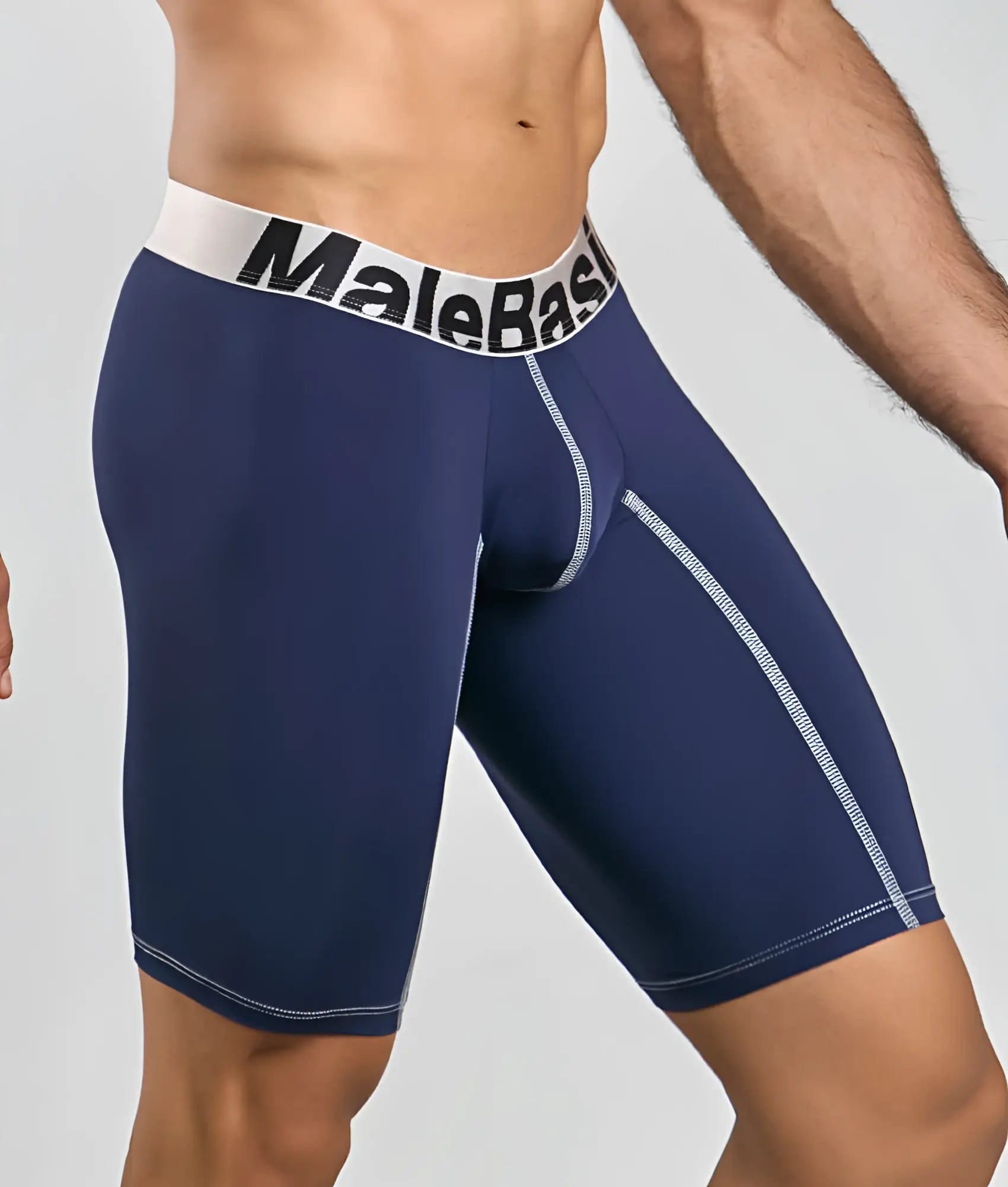 Malebasics microfiber athletic boxer navy blue men’s compression briefs with white waistband and silver stitching
