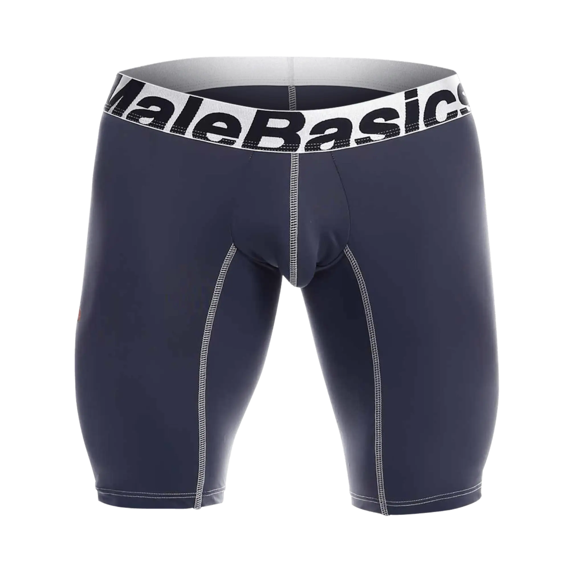 MaleBasics microfiber athletic boxer briefs in navy blue with white elastic waistband and contrasting stitching