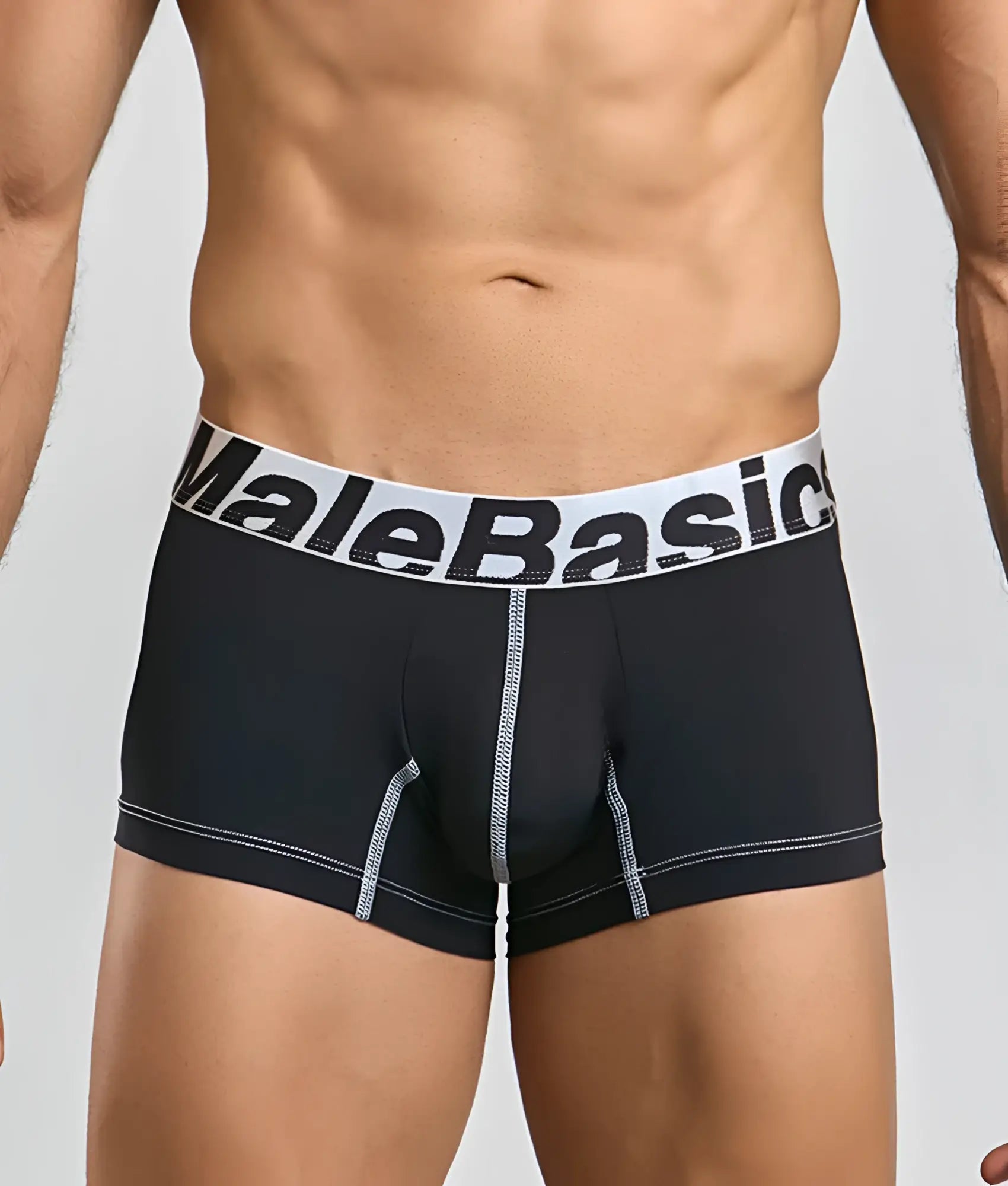 Black malebasics microfiber boxer briefs with white elastic waistband black lettering and silver contrast stitching