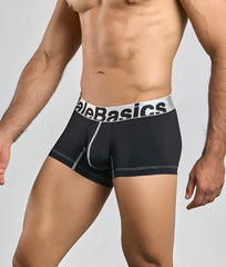 Black men’s microfiber boxer briefs with white alebasics waistband and gray side stitching for comfortable wear