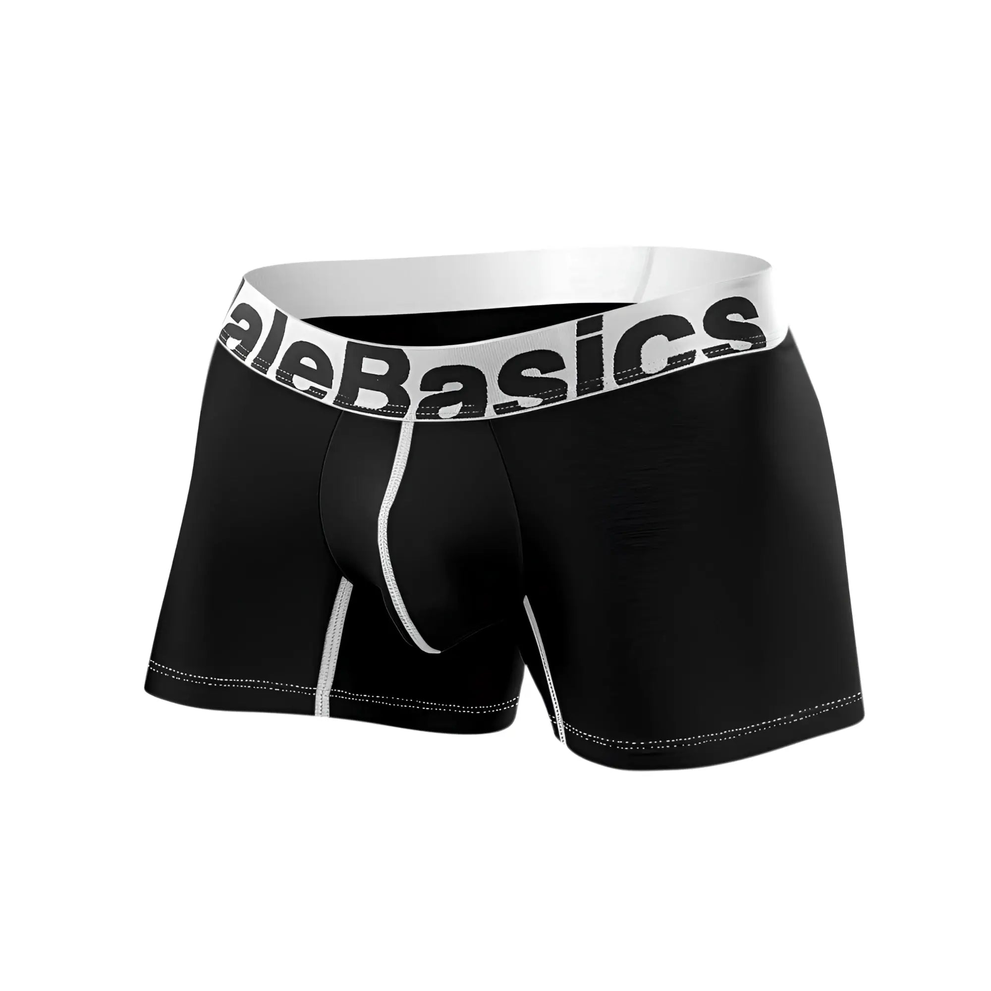 Black men’s microfiber boxer briefs with white elastic alebasics logo waistband and white contrast stitching along seams