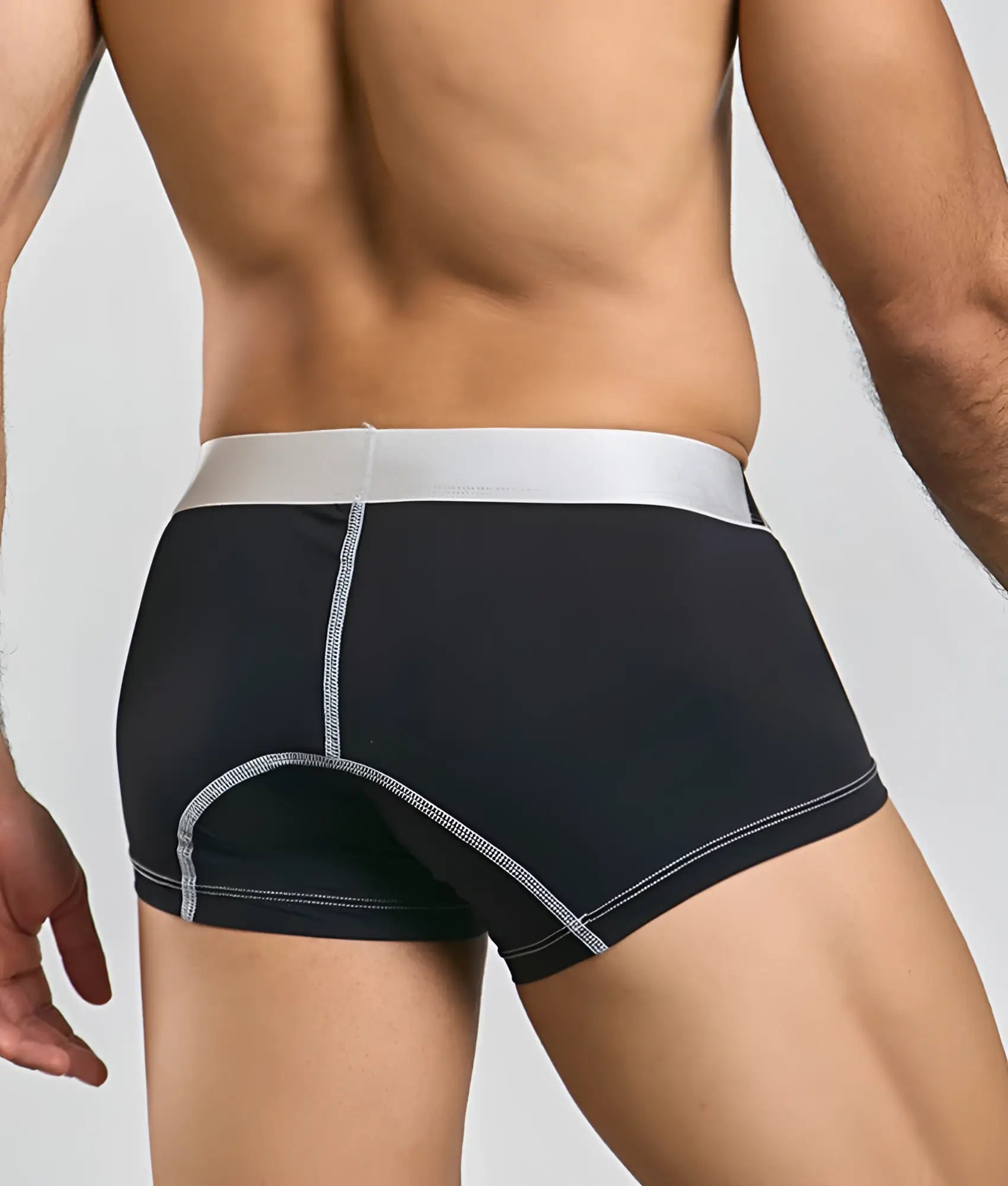 Black maleBasics microfiber boxer briefs with silver waistband and matching stitching details in front view