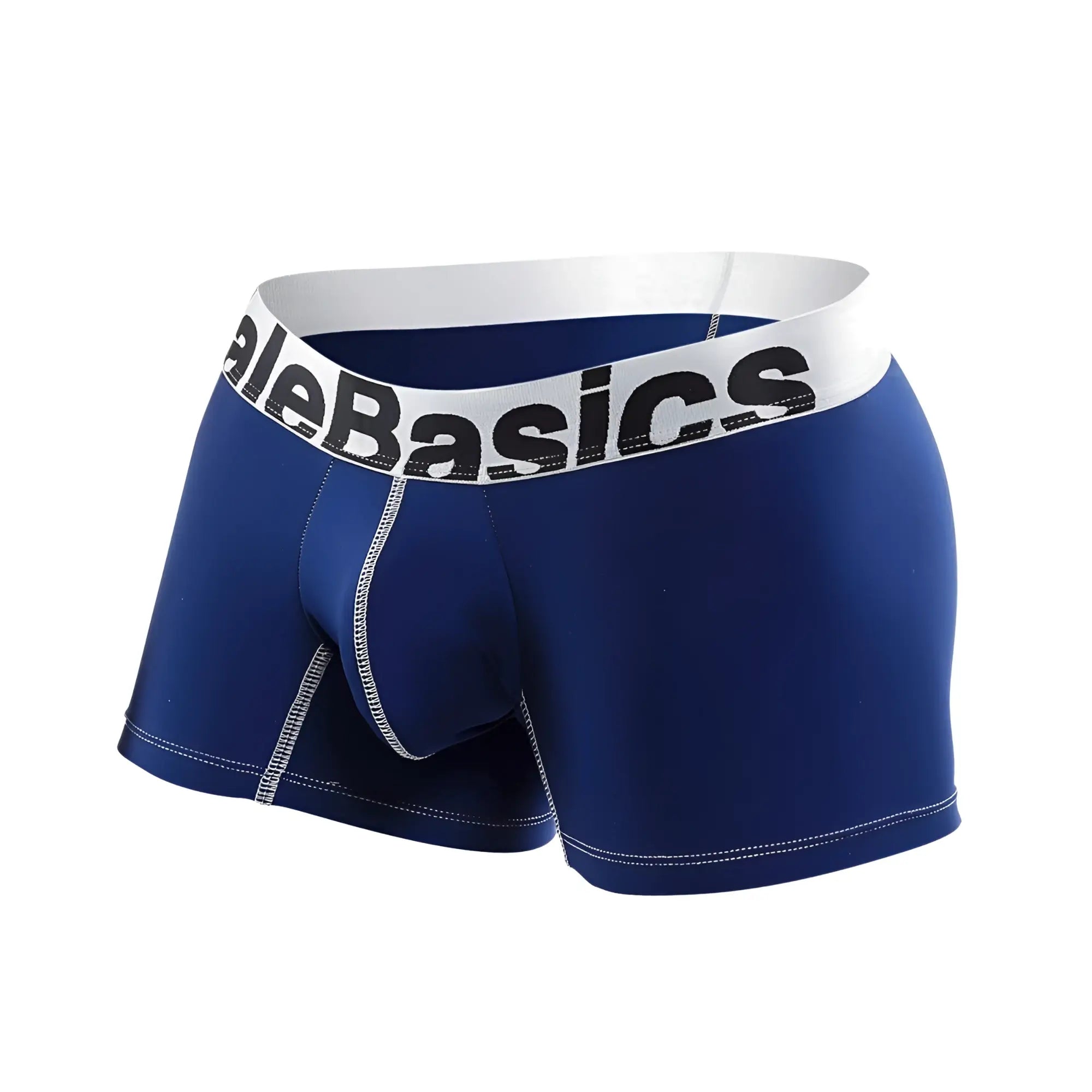 Malebasics microfiber boxer blue men’s boxer briefs with white waistband and alebasics logo in black lettering