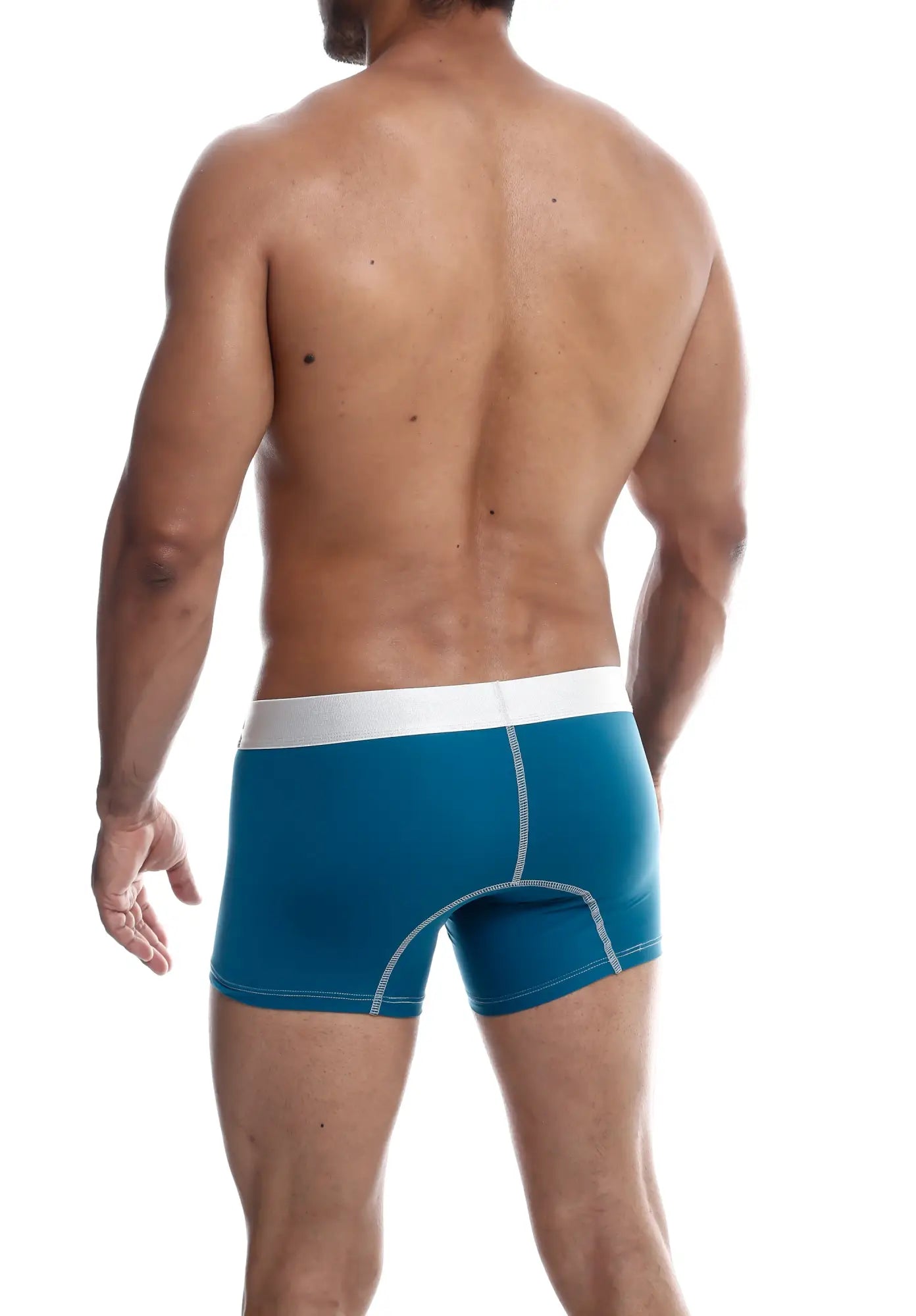 Blue men’s microfiber boxer briefs with white waistband and contrasting stitching from malebasics