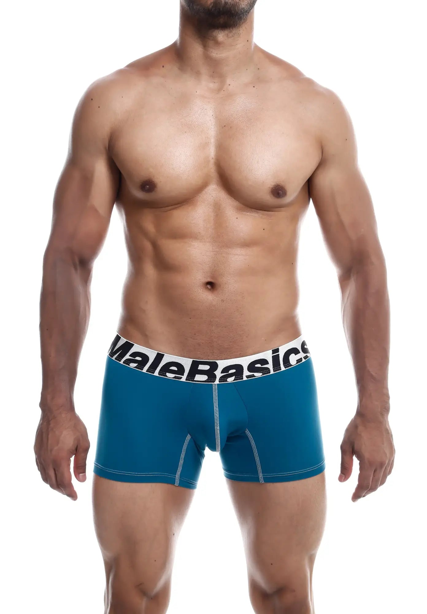 Blue malebasics microfiber boxer briefs with white waistband and contrasting stitching showing front view