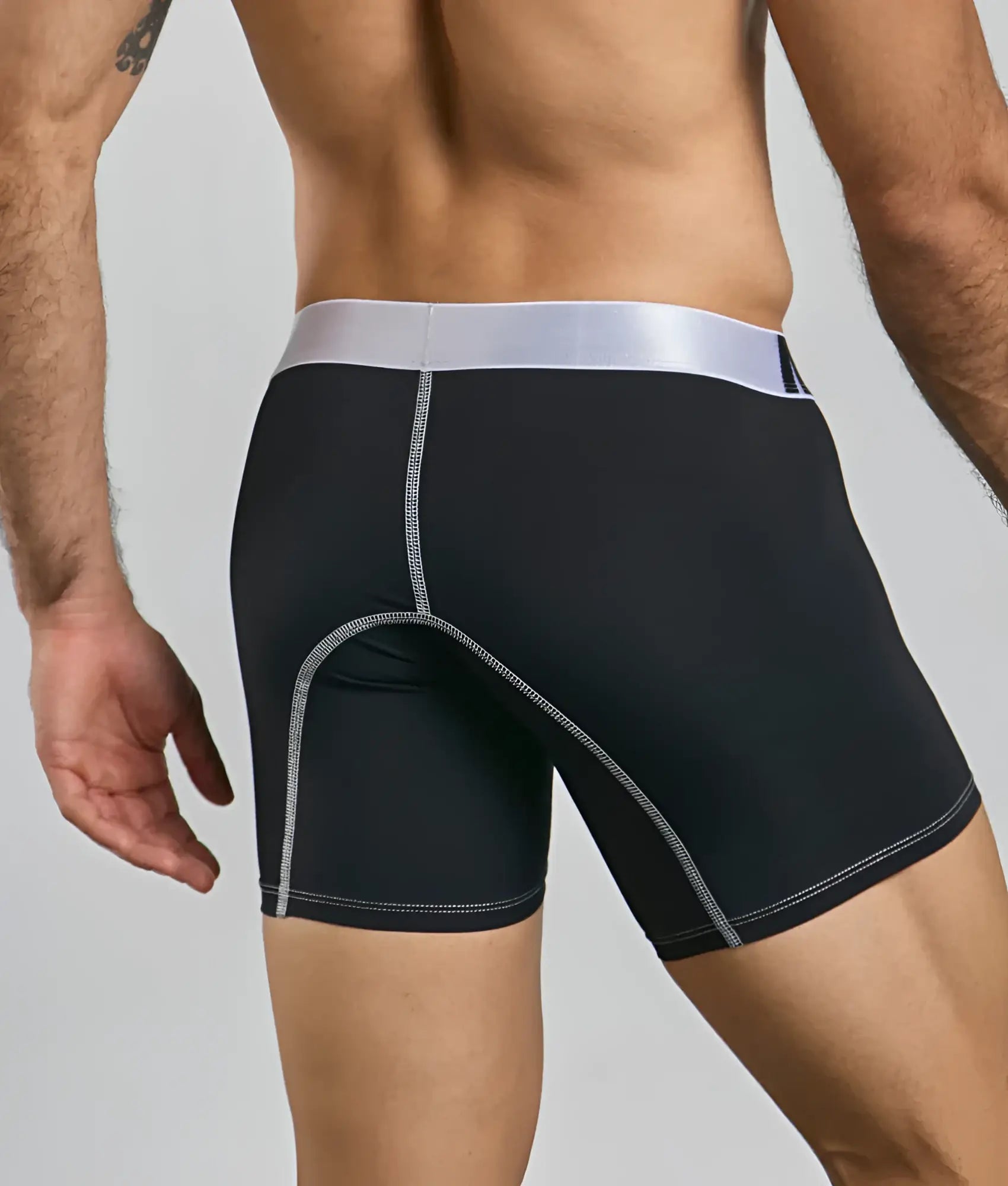 Malebasics microfiber boxer brief in black athletic fabric with silver waistband and matching stitching details