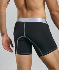Malebasics microfiber boxer brief in black athletic fabric with silver waistband and matching stitching details