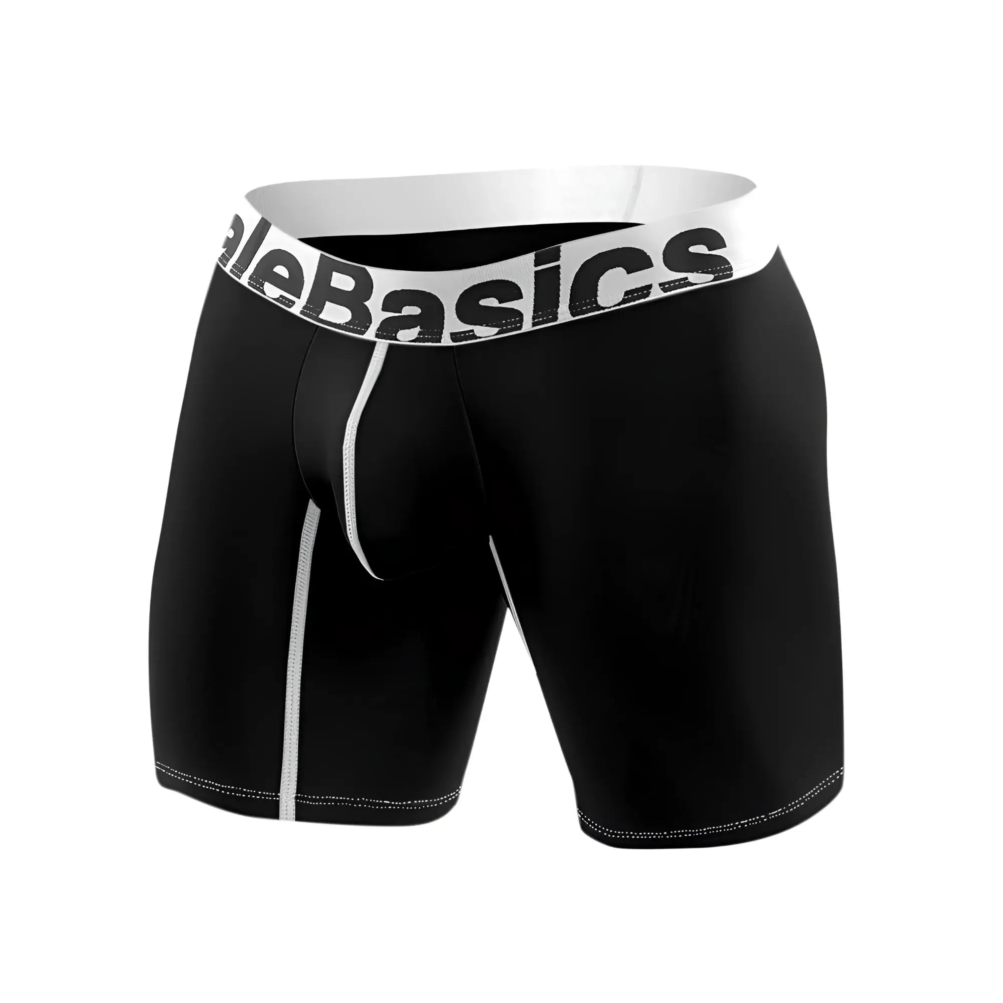 Malebasics microfiber black men’s boxer briefs with white alebasics logo waistband and subtle white stitching accents