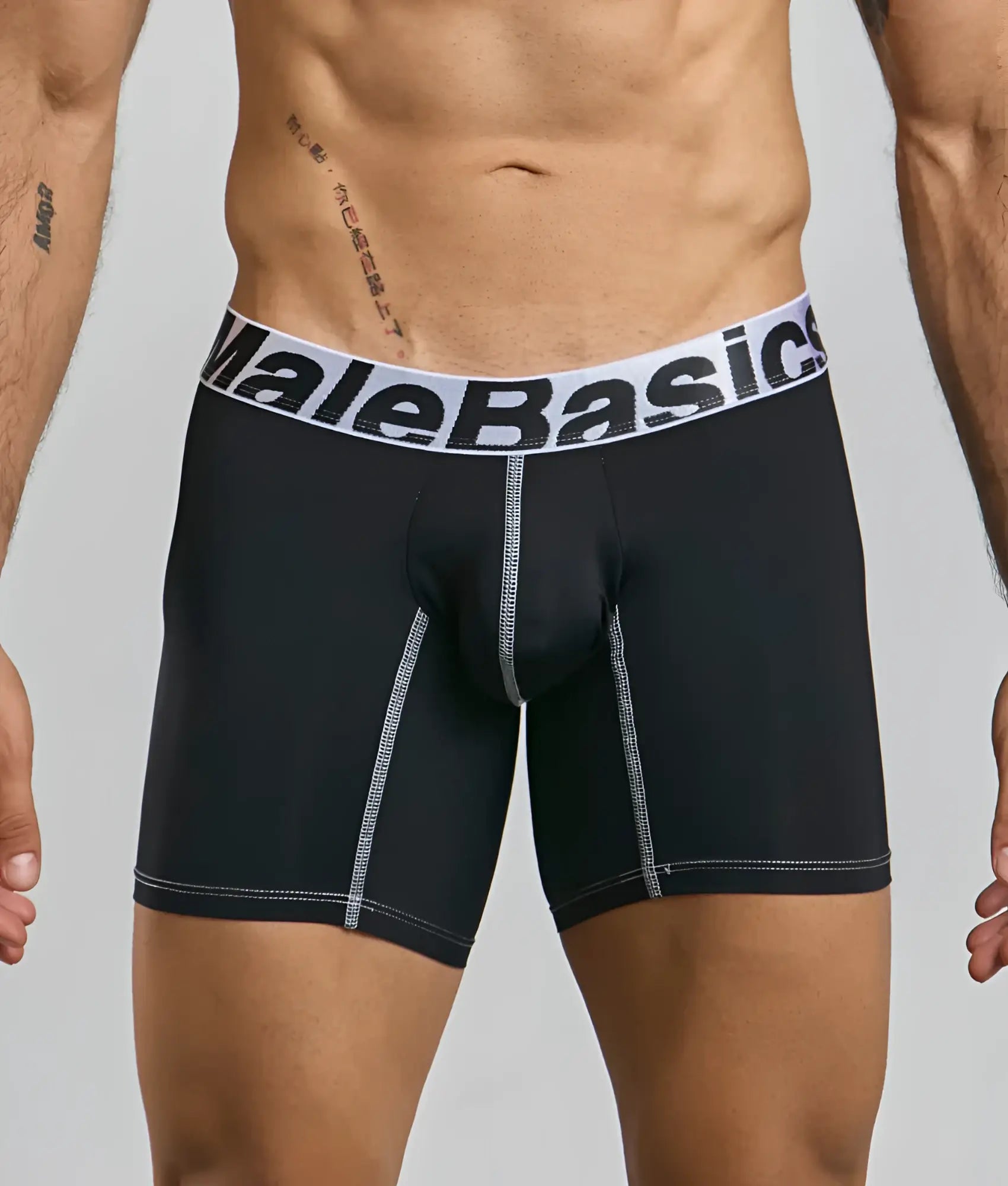 Malebasics microfiber black boxer briefs with white elastic waistband and silver stitching for comfortable wear