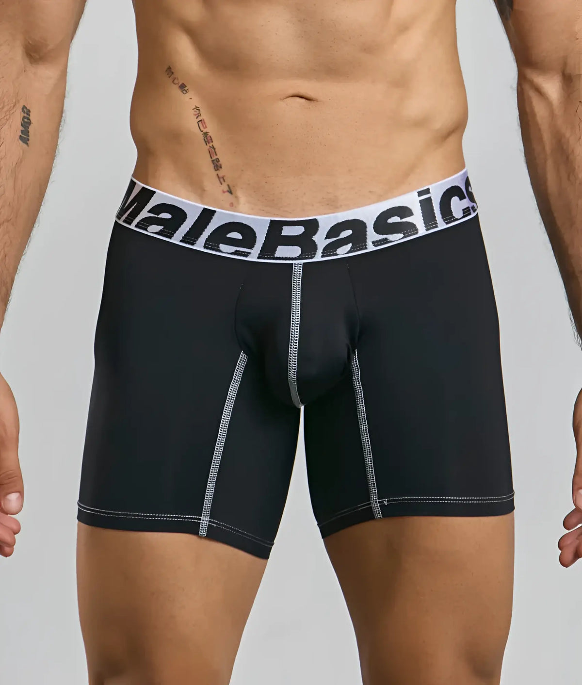 Malebasics microfiber black boxer briefs with white elastic waistband and silver stitching for comfortable wear