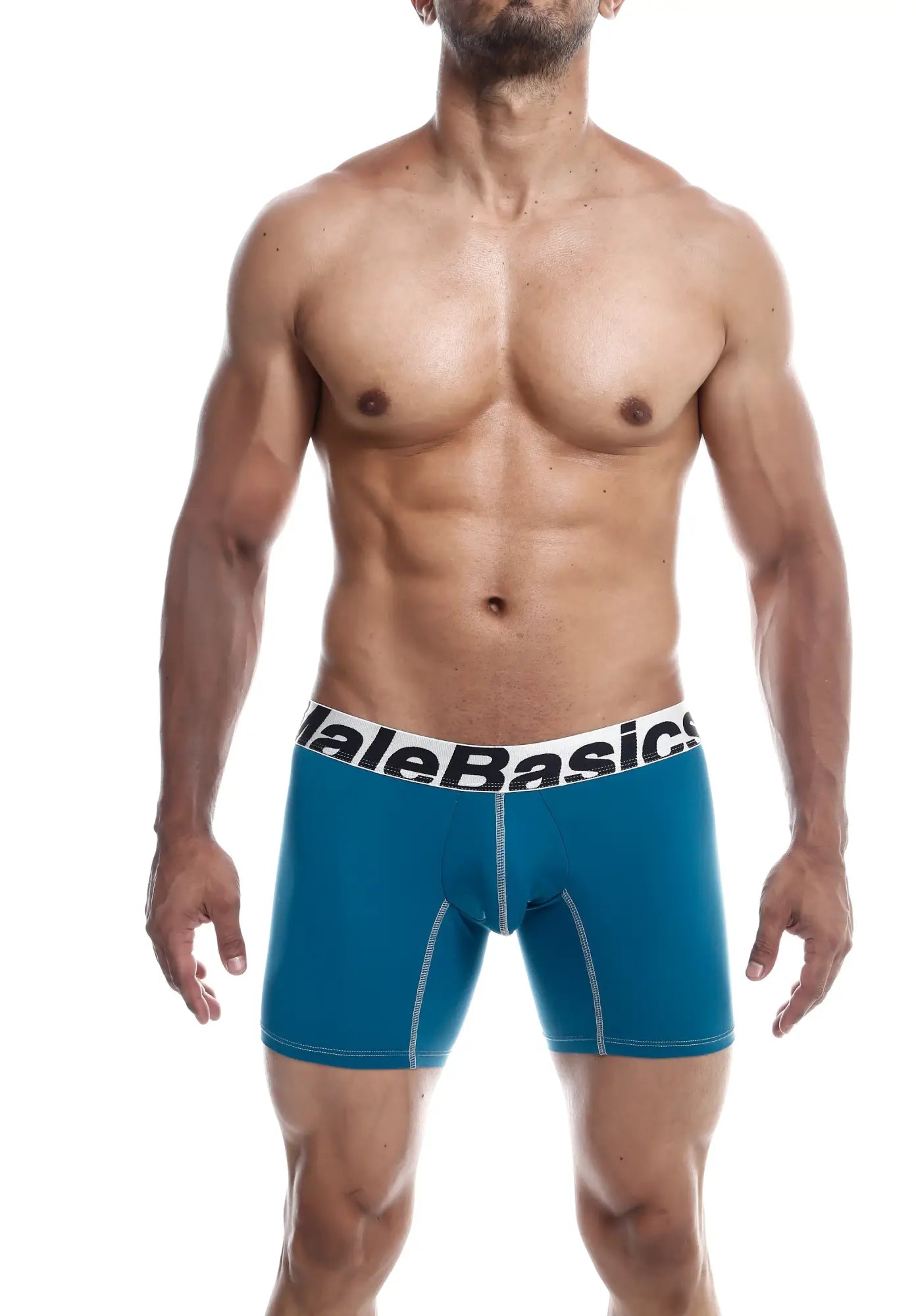 Blue men’s microfiber boxer briefs with a white waistband featuring the malebasics logo in black text