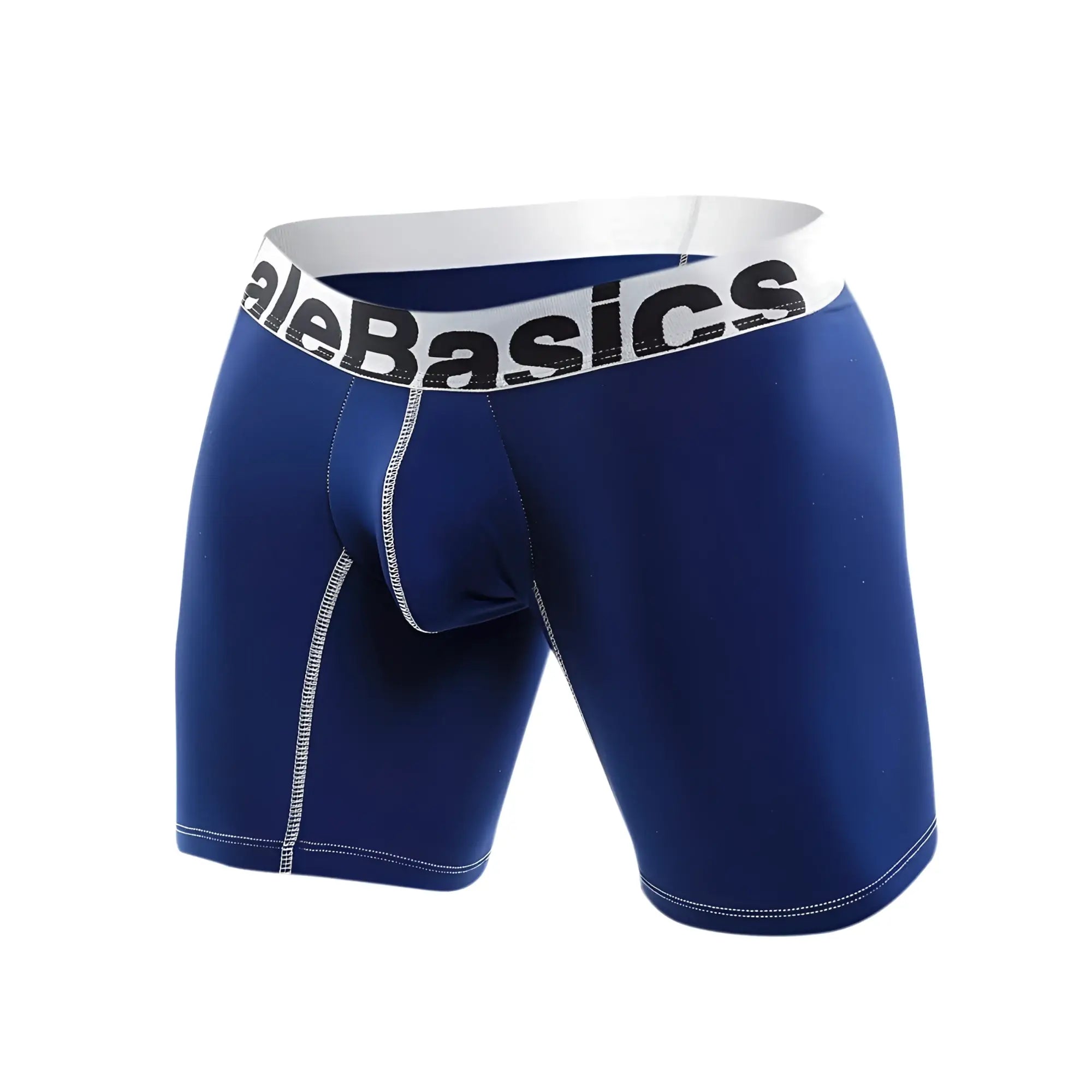 Malebasics microfiber blue men’s boxer briefs with white waistband logo and contrasting white stitching along seams