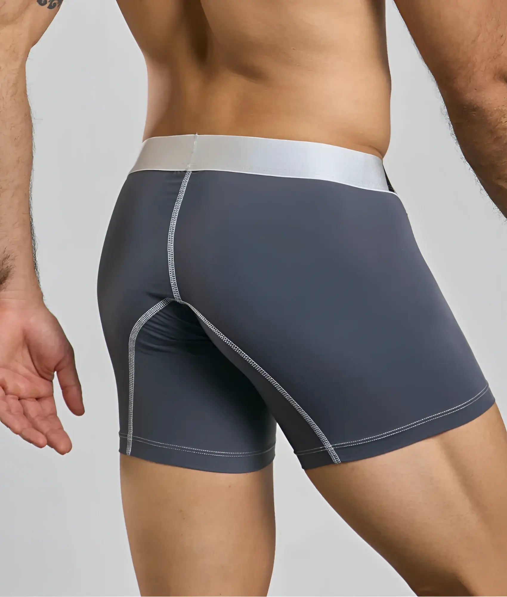 Malebasics microfiber boxer brief in dark gray with silver waistband and matching stitching designed for athletic use