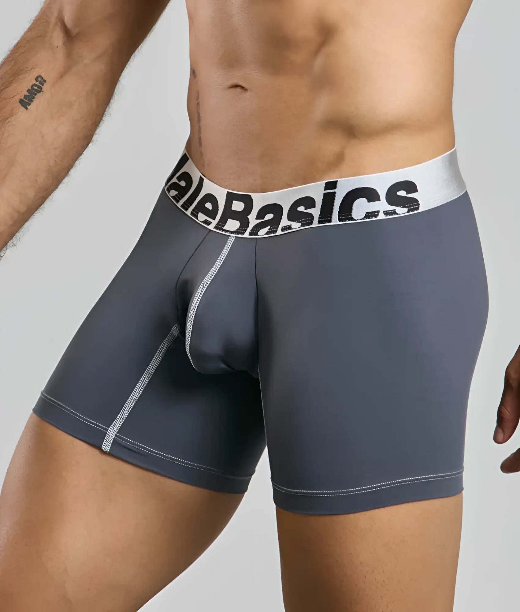 Gray male basics microfiber boxer briefs with white waistband black branding and light gray stitching front view