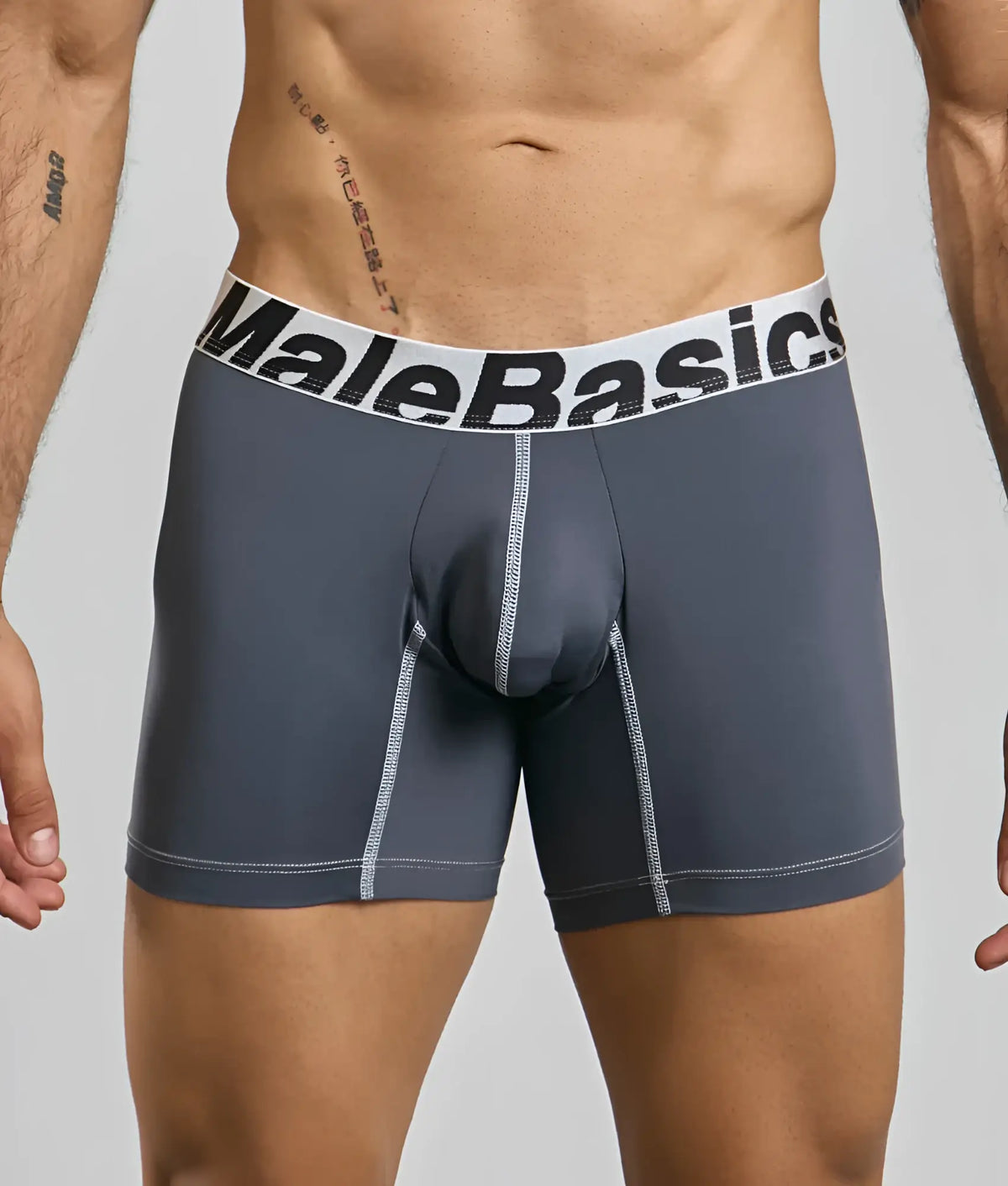 Gray malebasics microfiber boxer briefs with white waistband black lettering and subtle gray side stitching front view