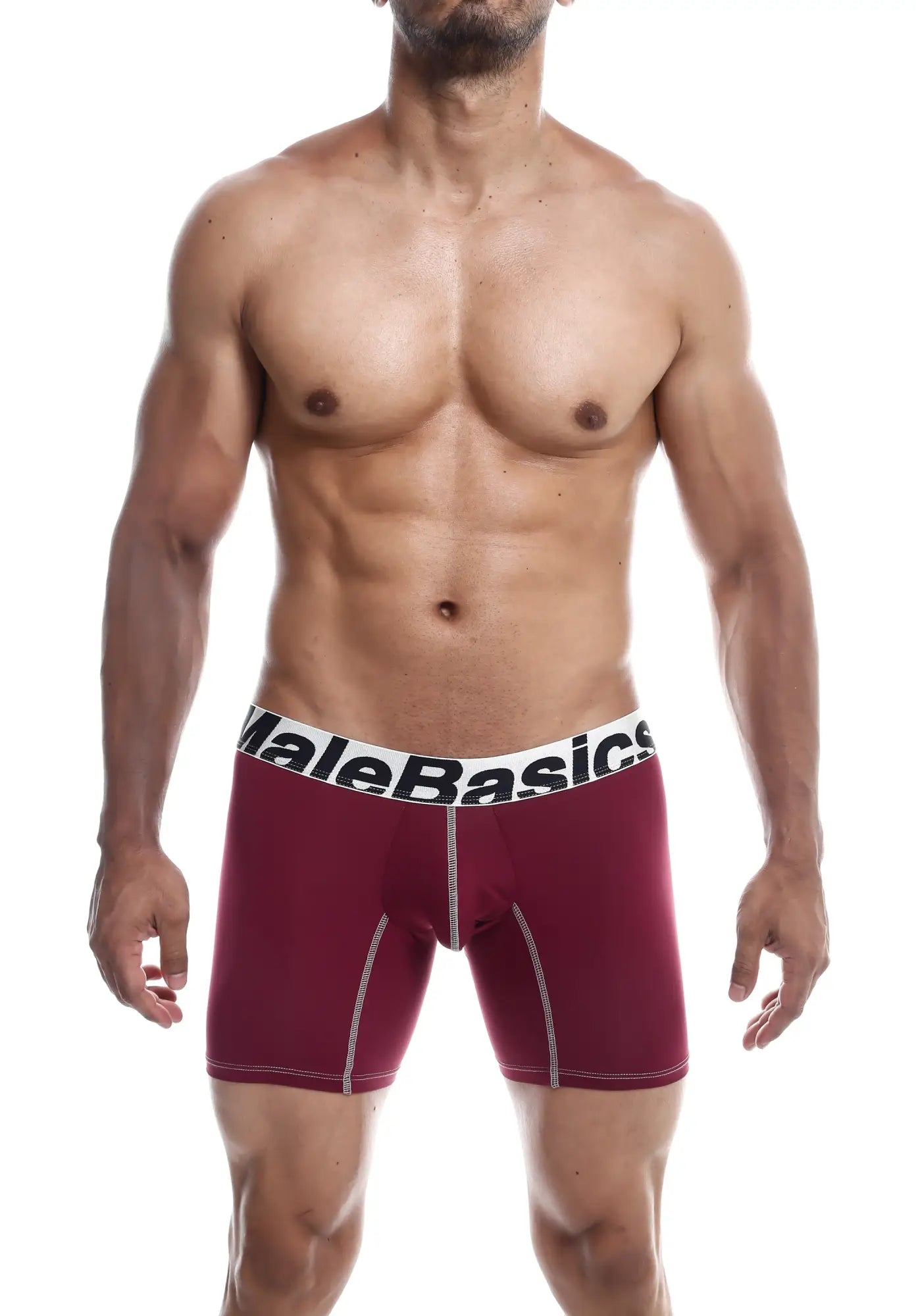 Malebasics microfiber maroon boxer briefs with white elastic waistband and contrasting stitching front view