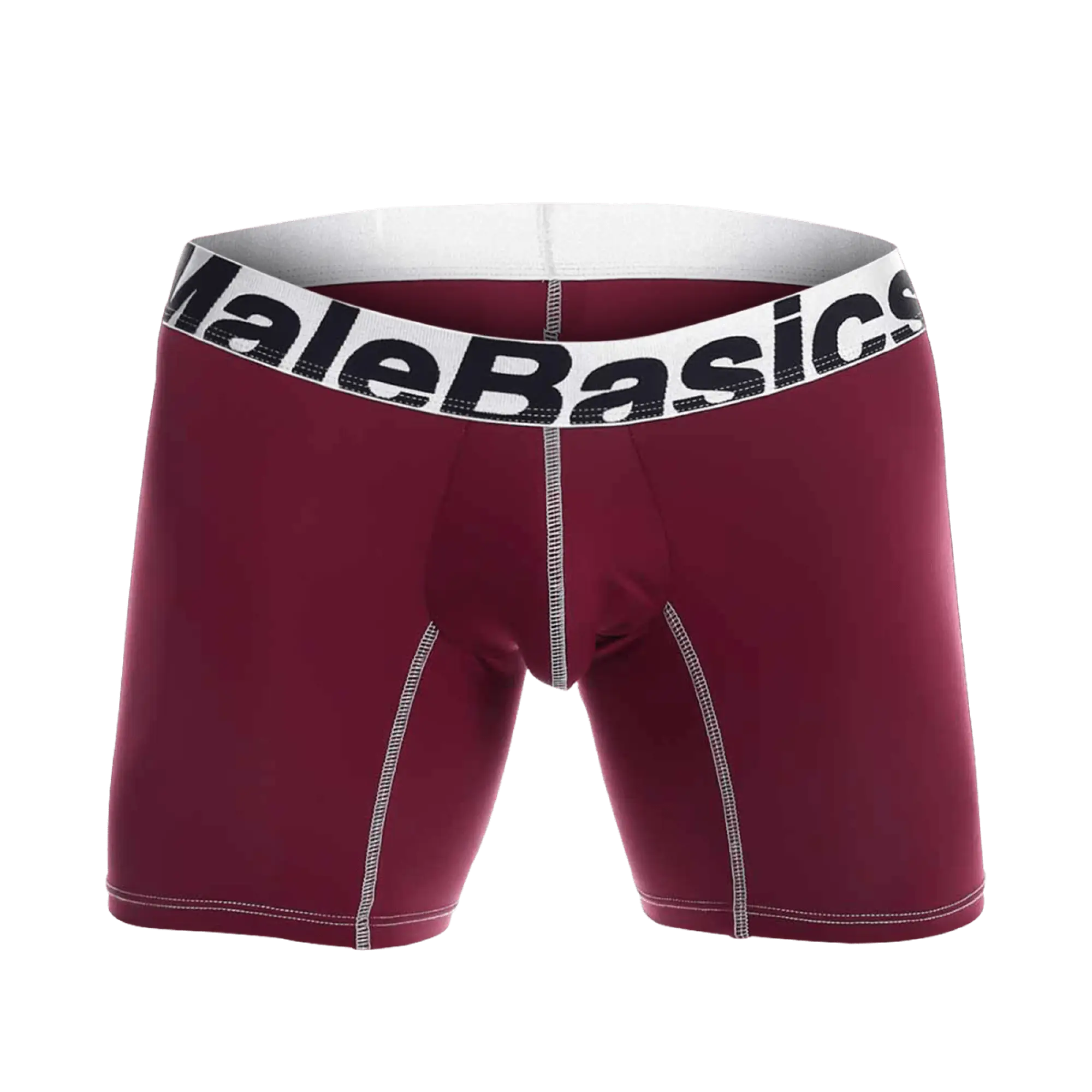 Maroon MaleBasics microfiber boxer briefs with white waistband black branding and contrasting stitching visible from the back side