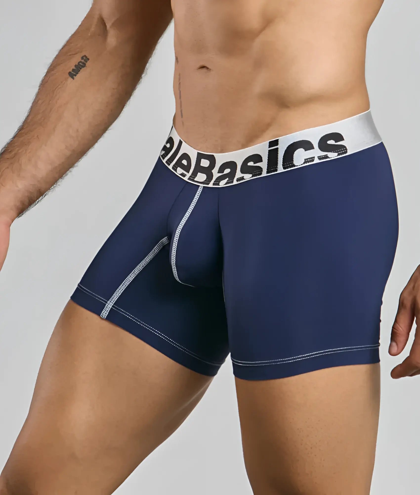 Navy blue maleBasics microfiber boxer brief with white elastic waistband branded and light gray stitching