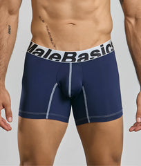 MaleBasics microfiber boxer brief in navy blue with white elastic waistband and contrasting light gray stitching