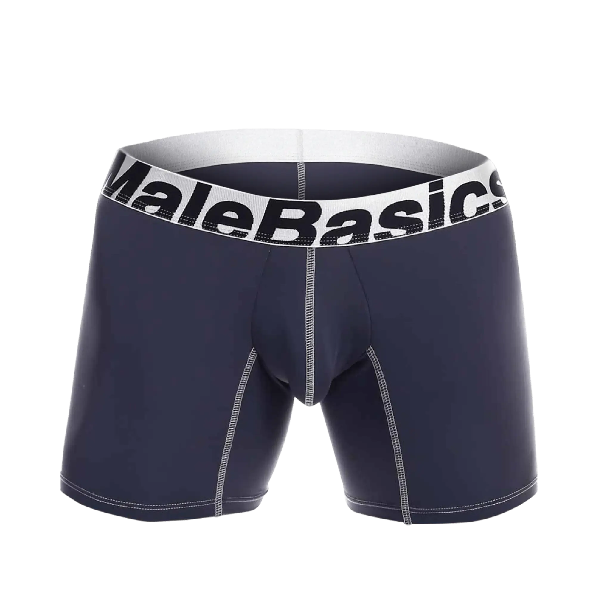 Navy blue malebasics microfiber boxer briefs with white waistband black lettering and light gray contrast stitching