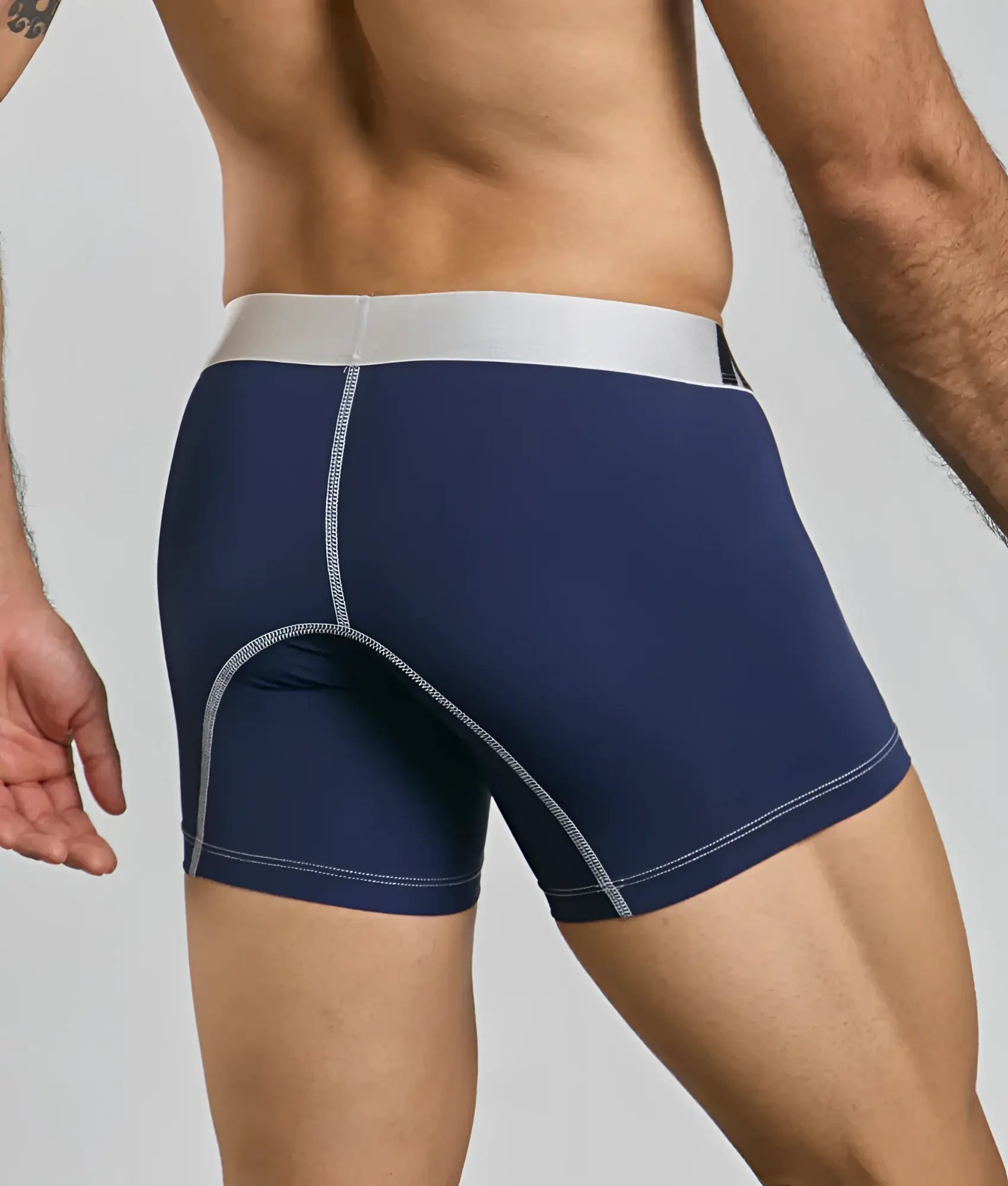 Malebasics microfiber boxer brief in navy blue with a white waistband and matching stitching details
