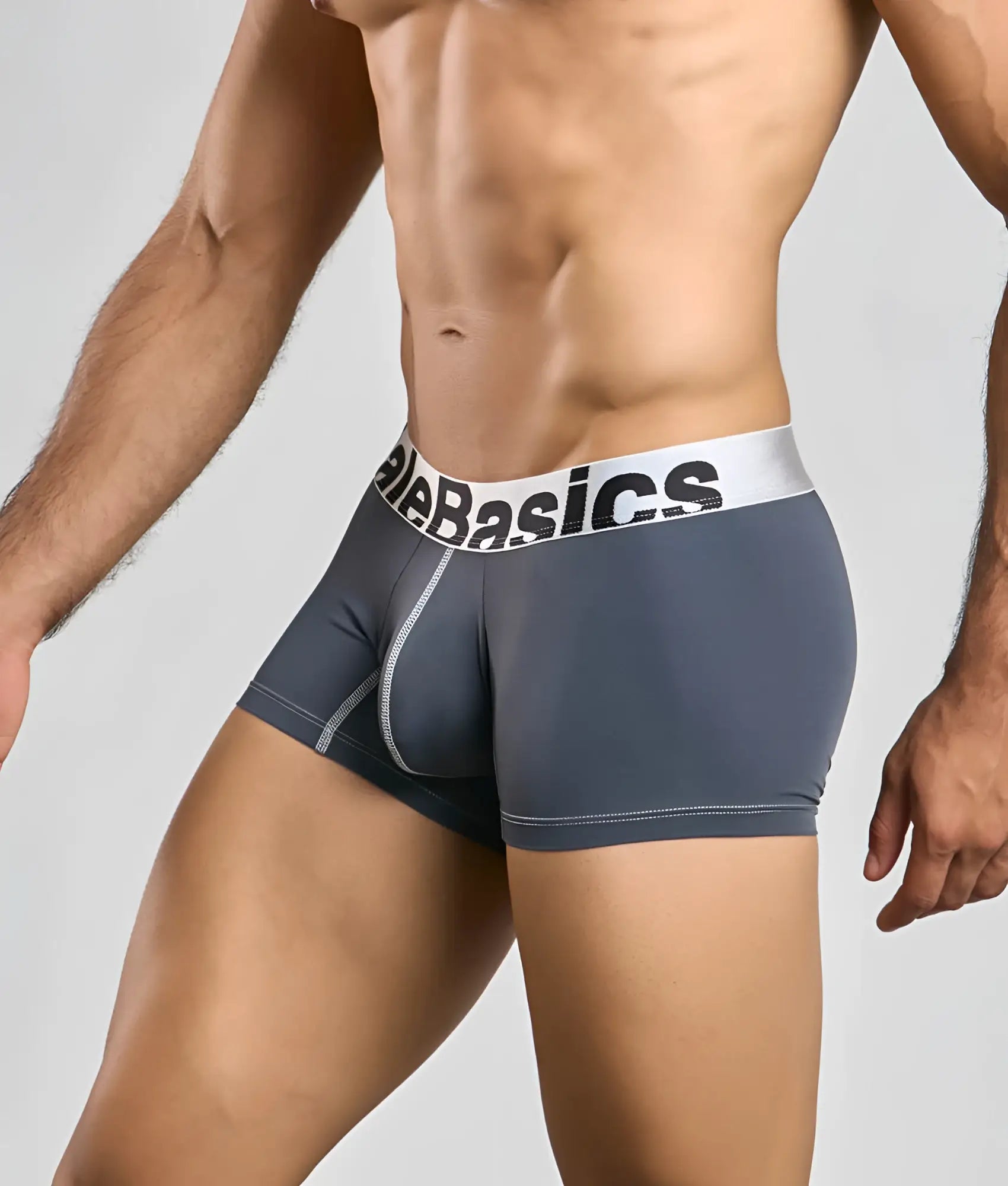 Gray malebasics microfiber boxer briefs with white waistband black branding and subtle gray seam stitching