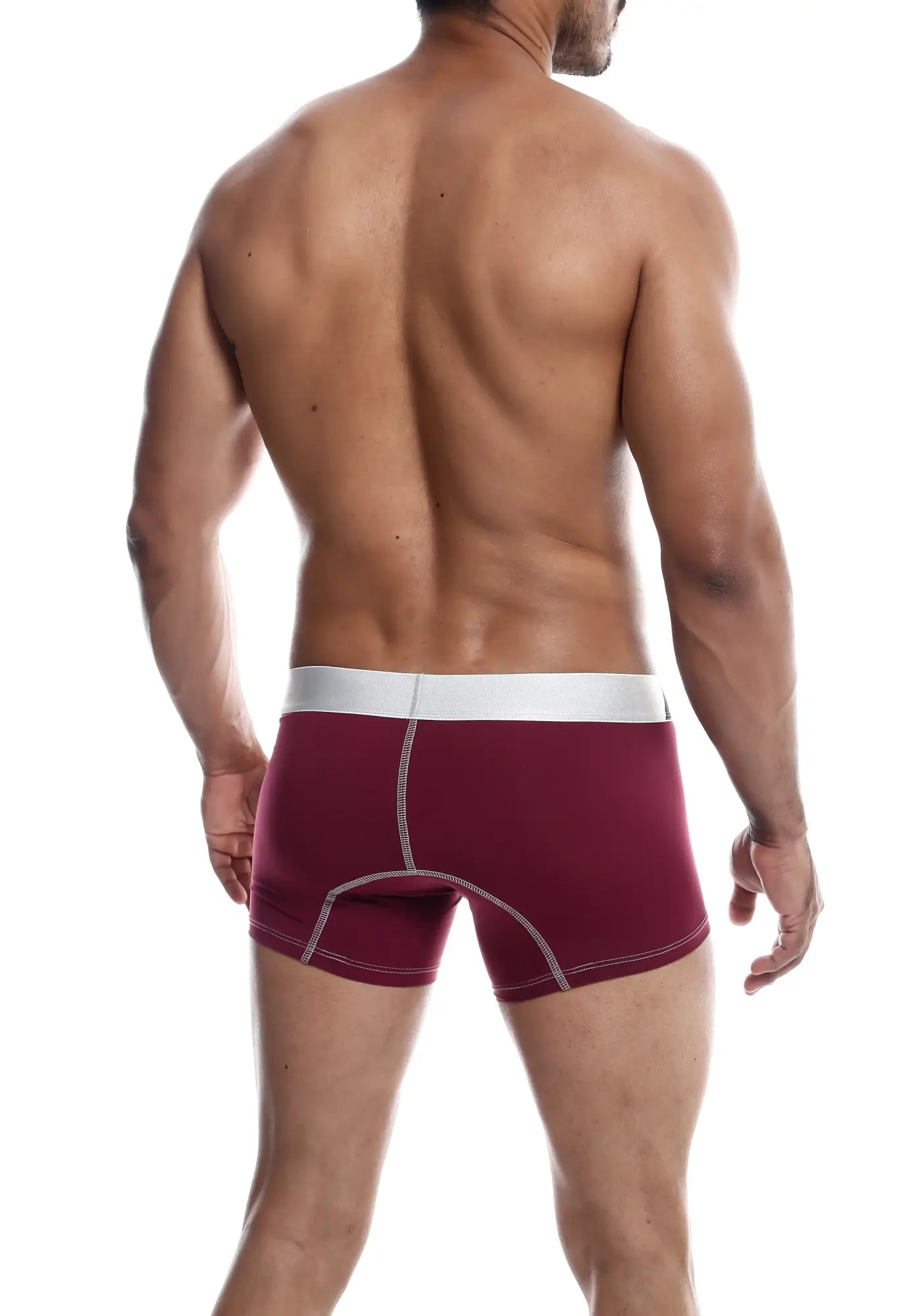 Maroon MaleBasics microfiber boxer briefs with white waistband and contrasting stitching for comfortable wear