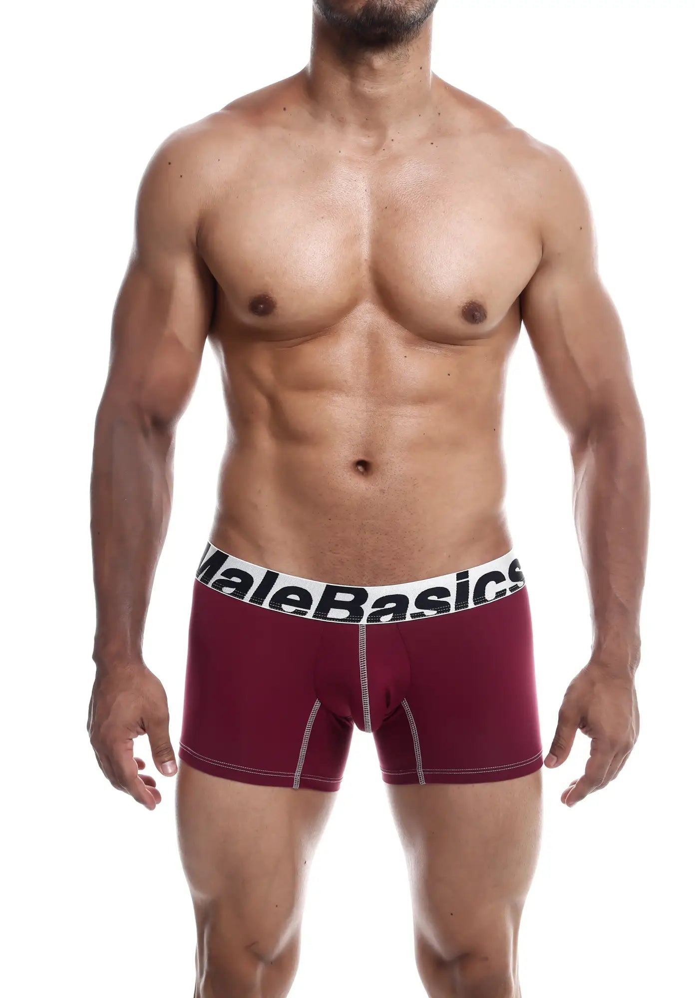 Maroon malebasics microfiber boxer briefs with a white waistband featuring black lettering and white side stitching
