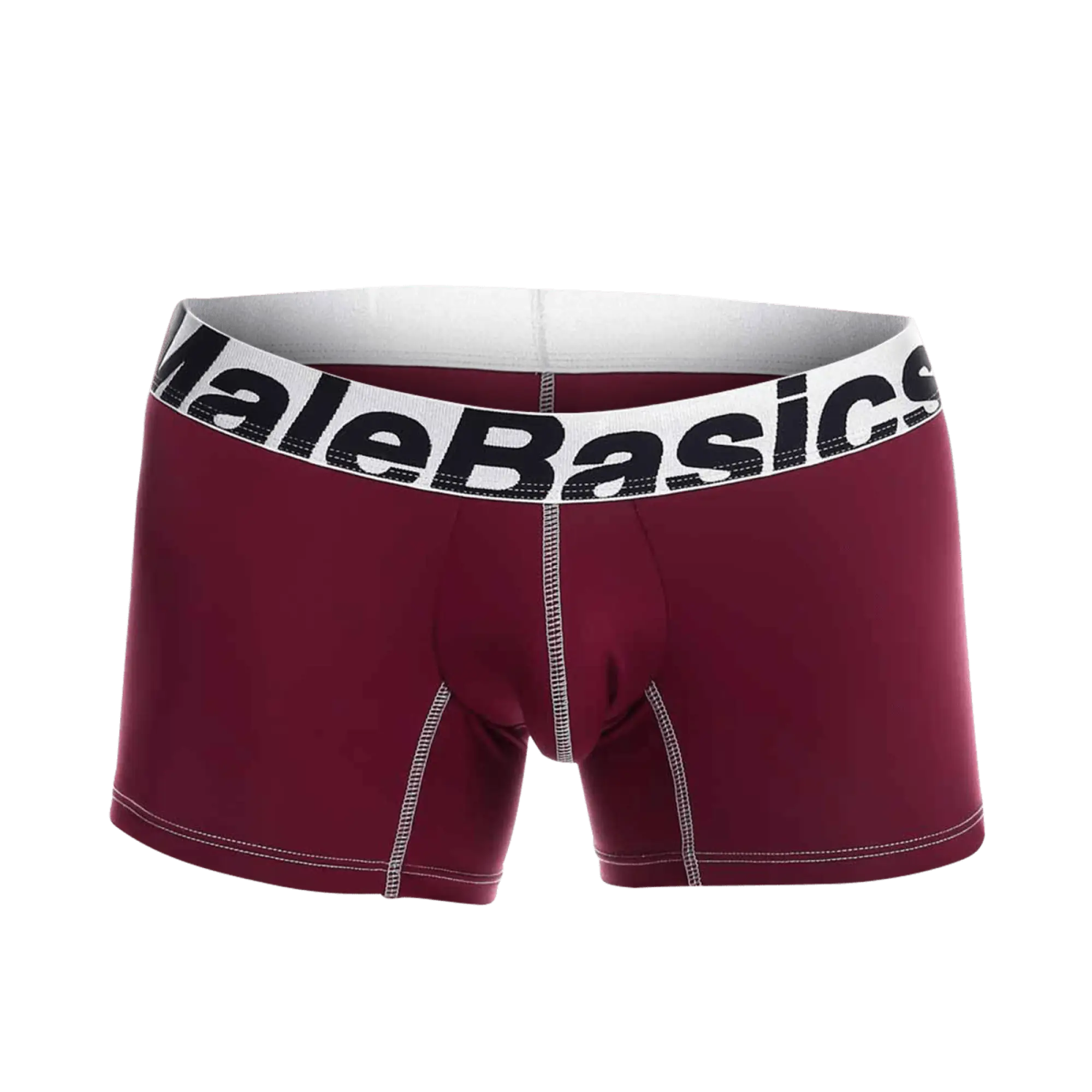 Maroon Malebasics microfiber boxer briefs with white waistband black branding and white contrasting seam stitching
