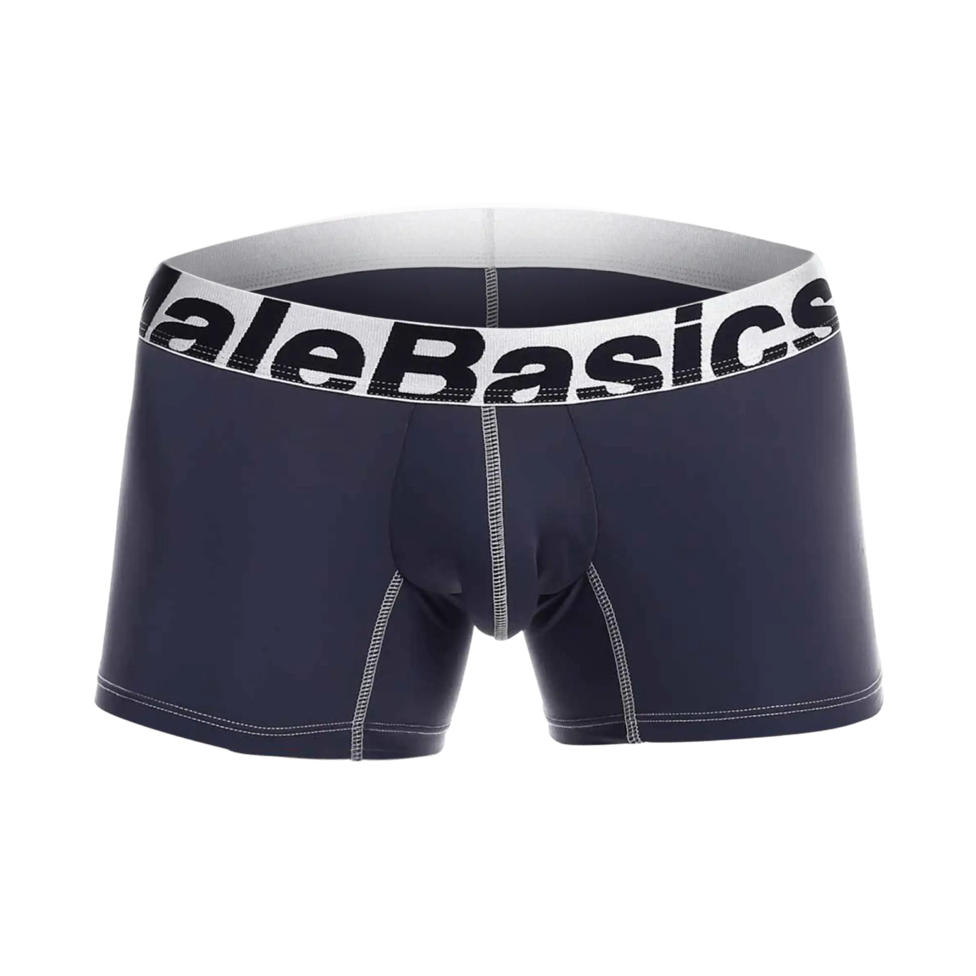 Navy blue malebasics microfiber boxer with white elastic waistband featuring alebasics logo and gray contrast stitching