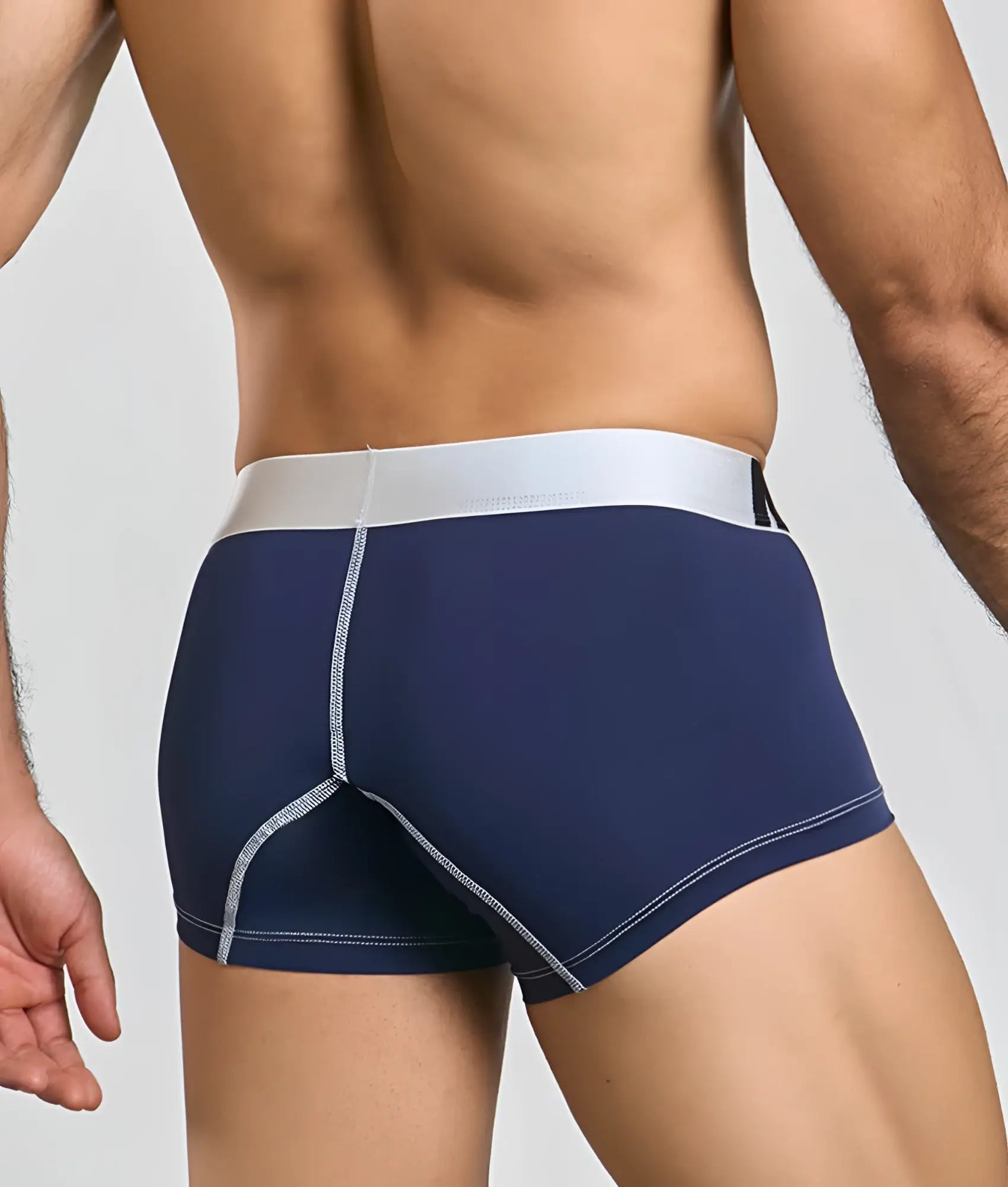 Navy blue malebasics microfiber boxer briefs with white elastic waistband and light gray seam stitching