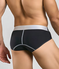 Black malebasics microfiber brief with silver waistband and matching stitching details
