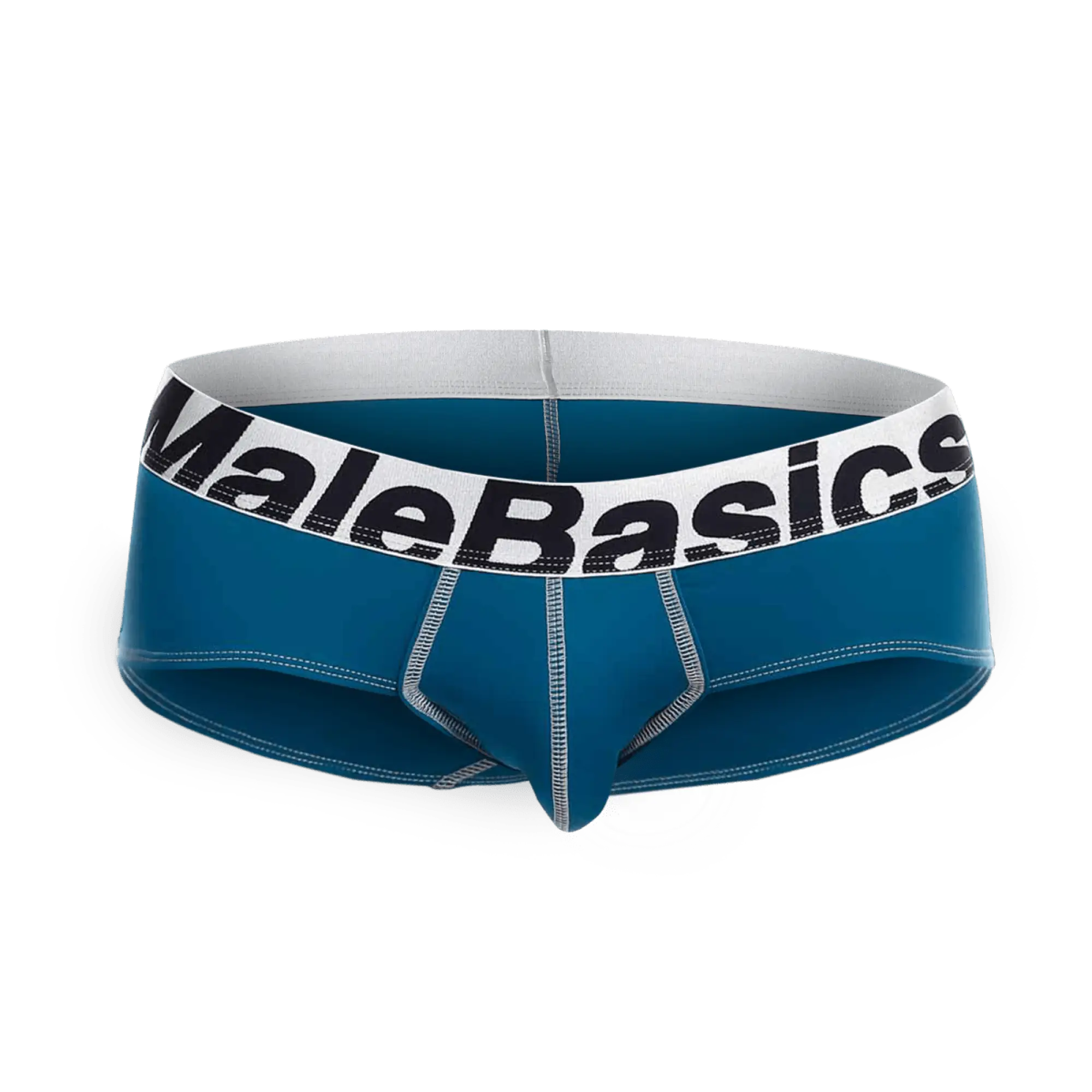 Blue malebasics microfiber briefs with white waistband, black lettering, and silver stitching for comfortable wear